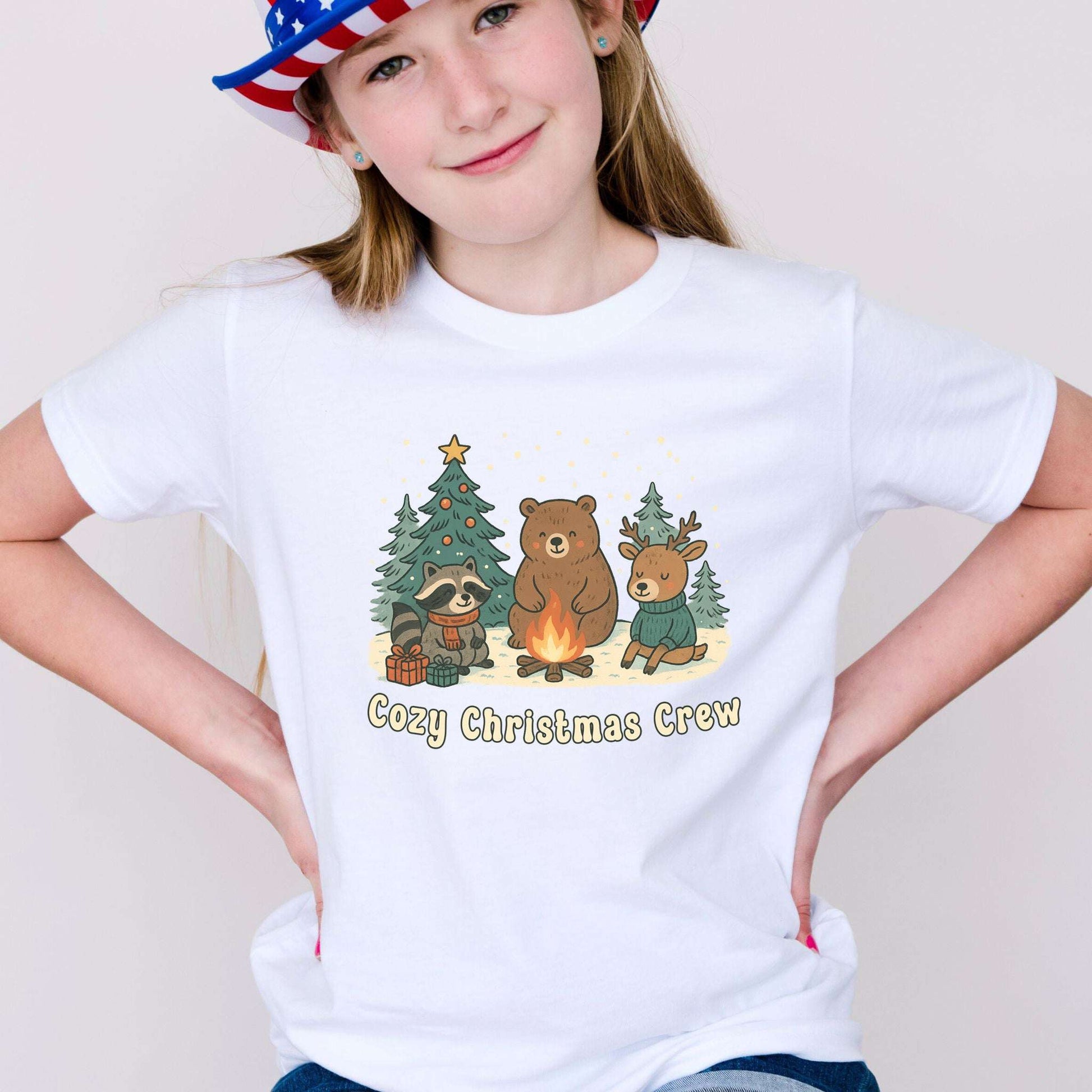 Cozy Christmas Crew Youth Tee – Cute Forest Animal Campfire Shirt