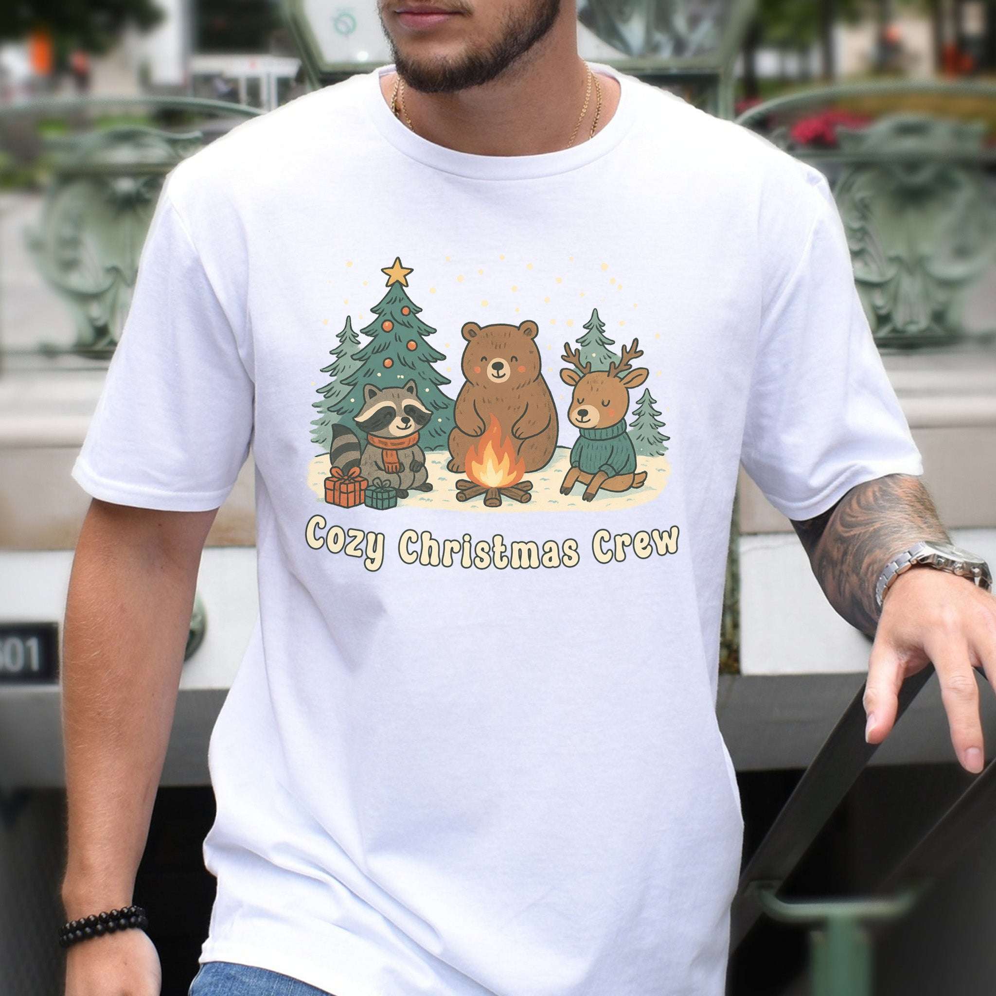 Cozy Christmas Crew T-Shirt – Cute Forest Animal Campfire Tee