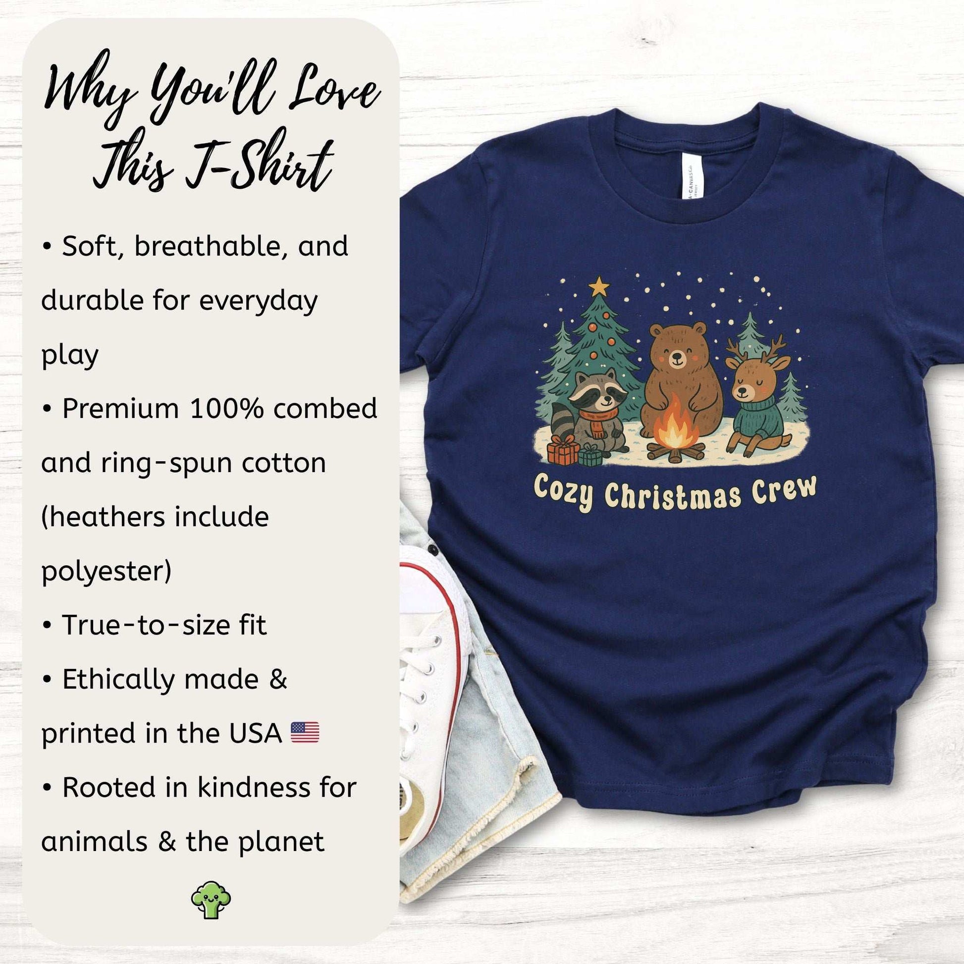 Cozy Christmas Crew Youth Tee – Cute Forest Animal Campfire Shirt