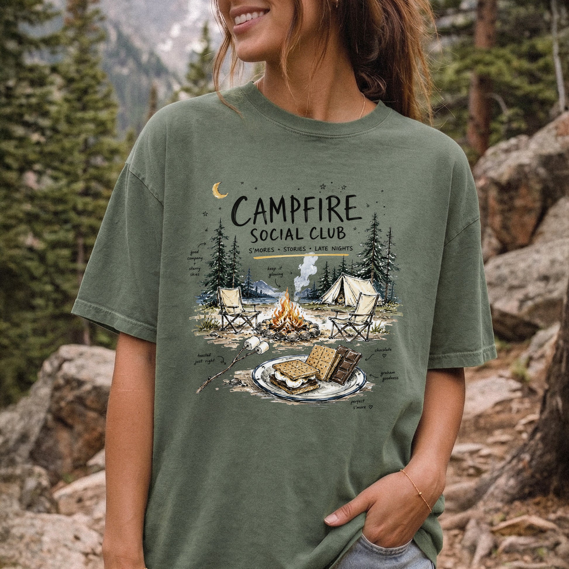 Campfire Social Club Comfort Colors Shirt – S’mores Camping T-Shirt