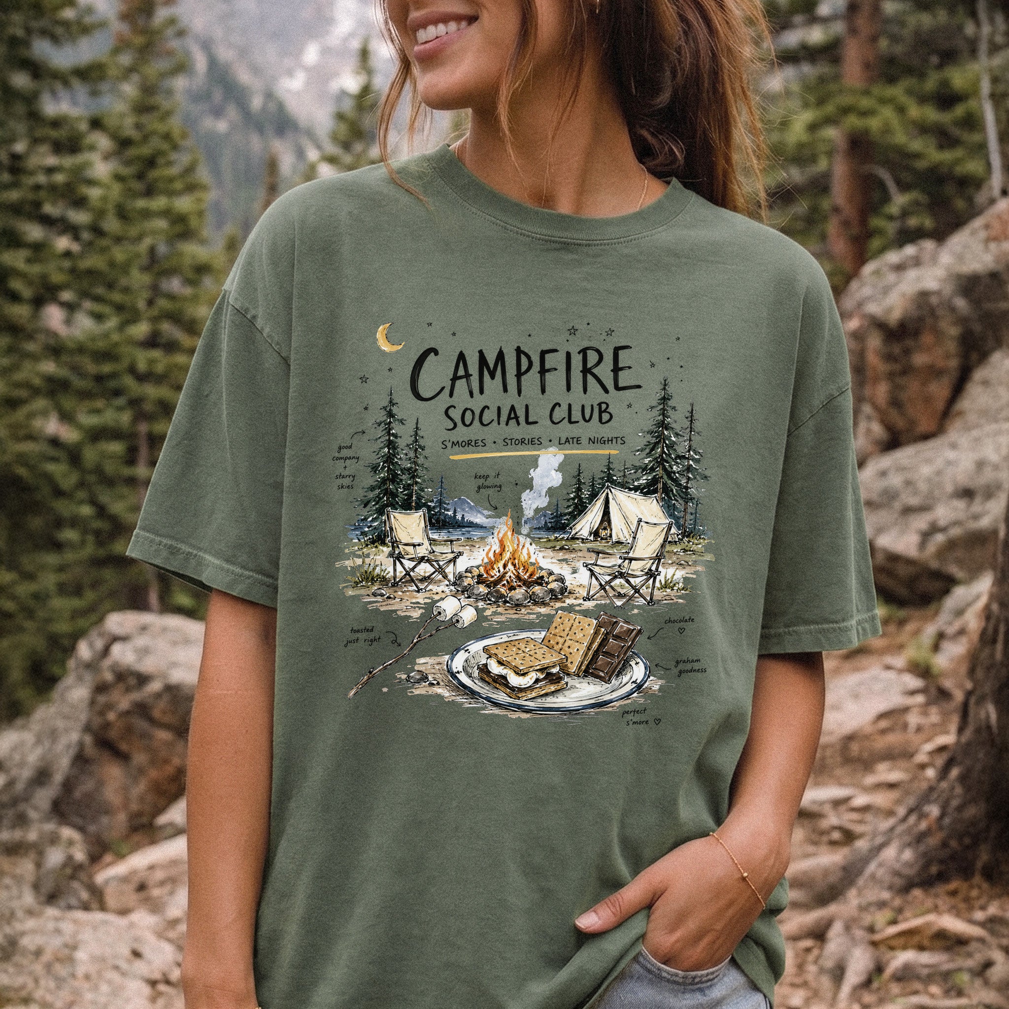 Campfire Social Club Comfort Colors Shirt – S’mores Camping T-Shirt