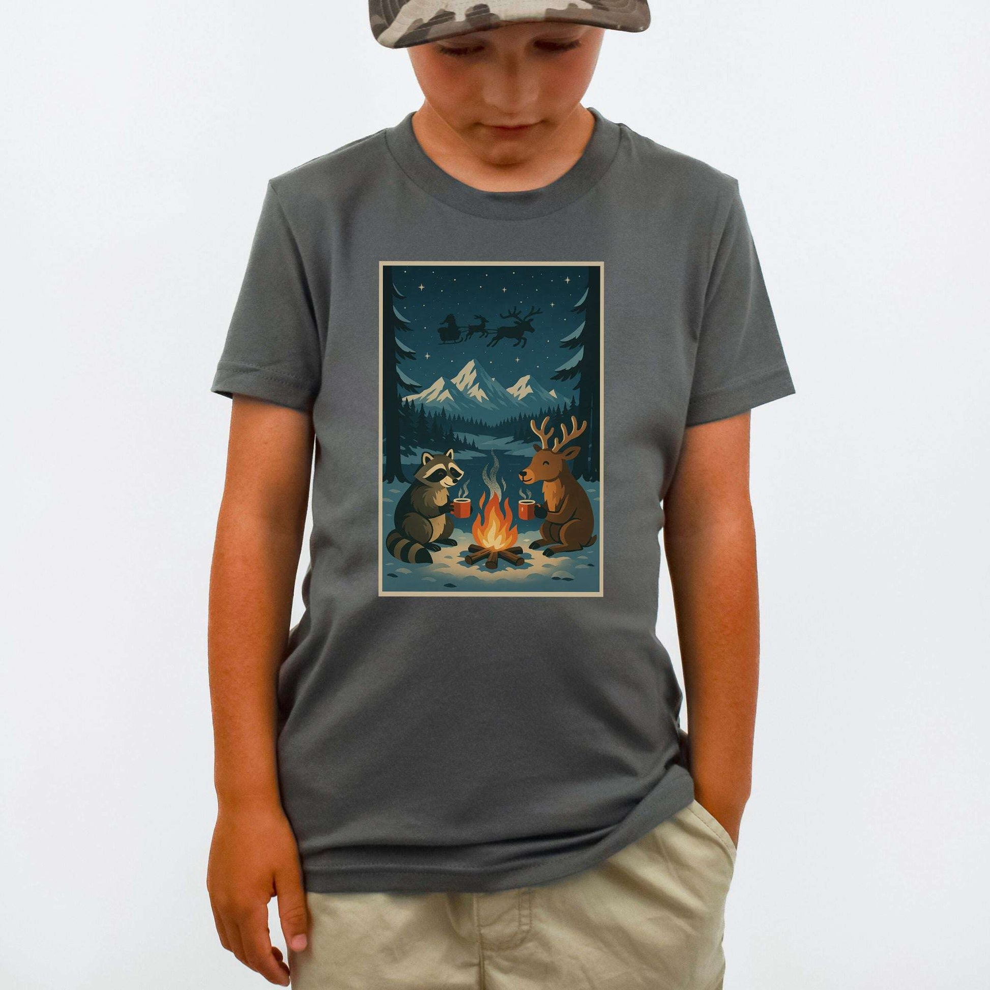 Campfire Cocoa Critters Youth Tee – Raccoon & Reindeer Christmas Vibes