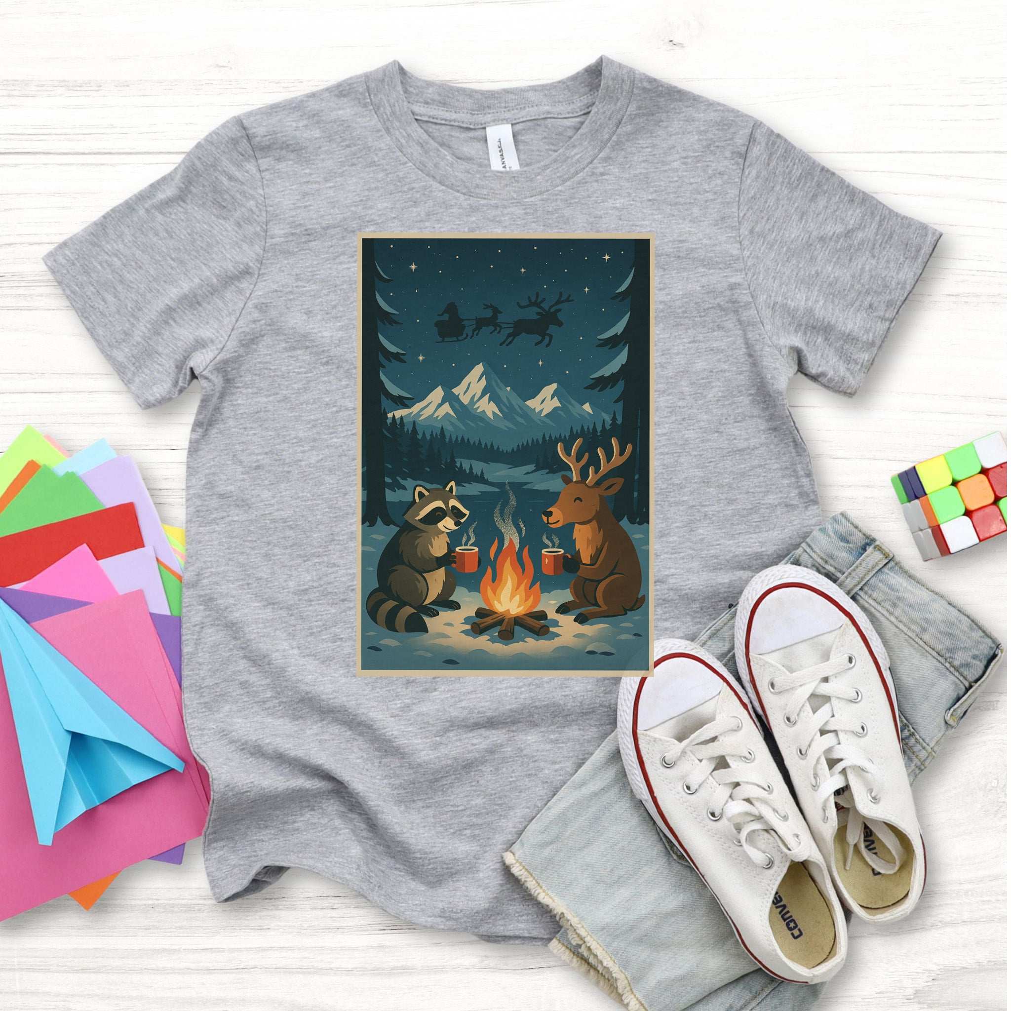 Campfire Cocoa Critters Youth Tee – Raccoon & Reindeer Christmas Vibes