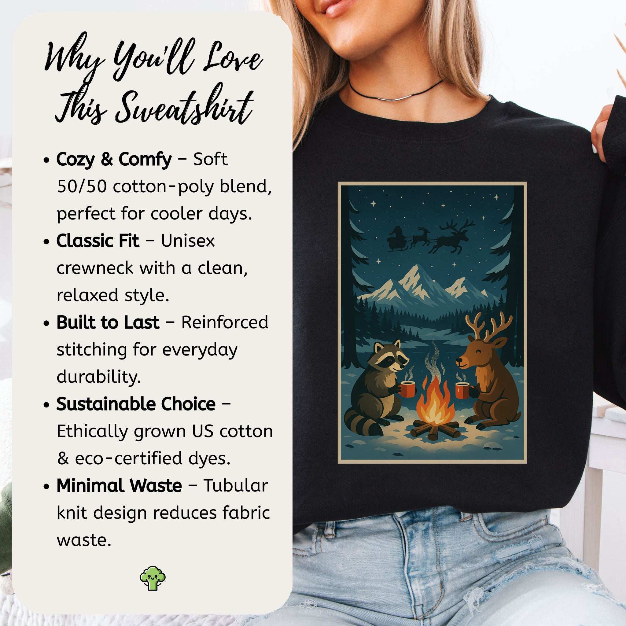 Campfire Cocoa Critters Sweatshirt – Raccoon & Reindeer Christmas Vibes