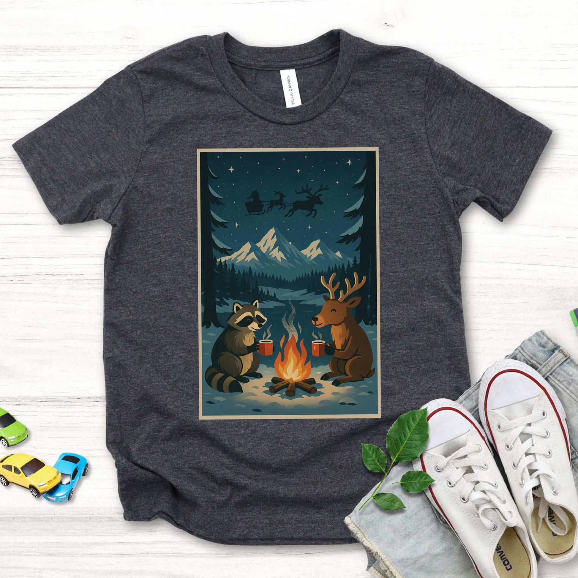 Campfire Cocoa Critters Youth Tee – Raccoon & Reindeer Christmas Vibes