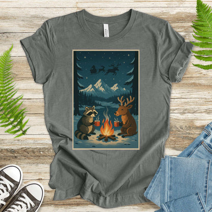 Campfire Cocoa Critters T-Shirt – Raccoon & Reindeer Christmas Vibes