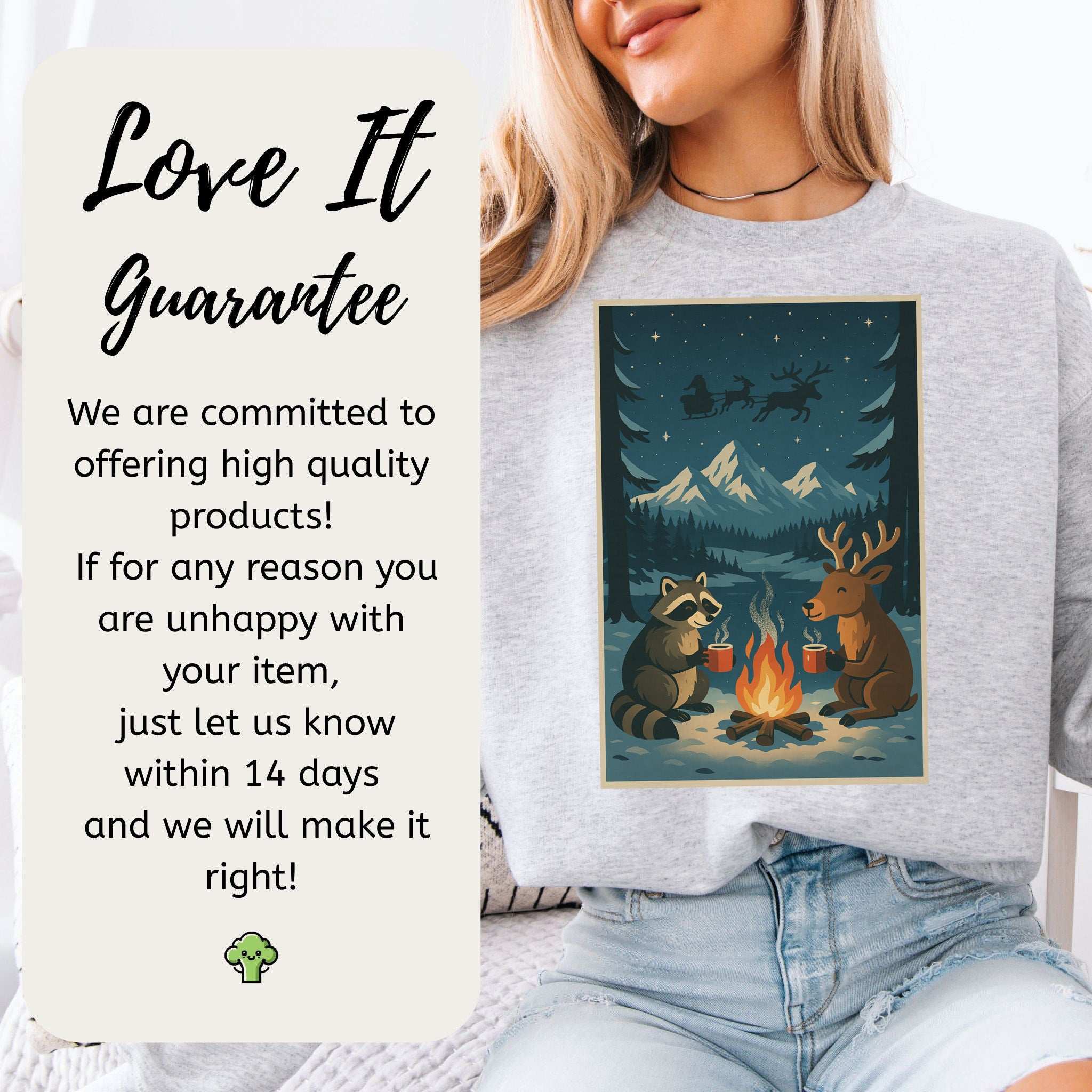 Campfire Cocoa Critters Sweatshirt – Raccoon & Reindeer Christmas Vibes