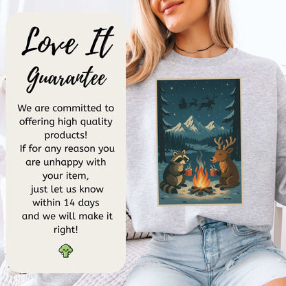 Campfire Cocoa Critters Sweatshirt – Raccoon & Reindeer Christmas Vibes
