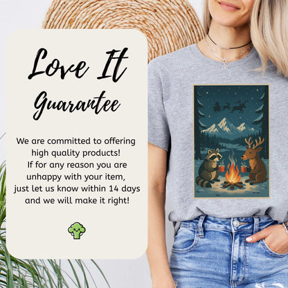 Campfire Cocoa Critters T-Shirt – Raccoon & Reindeer Christmas Vibes