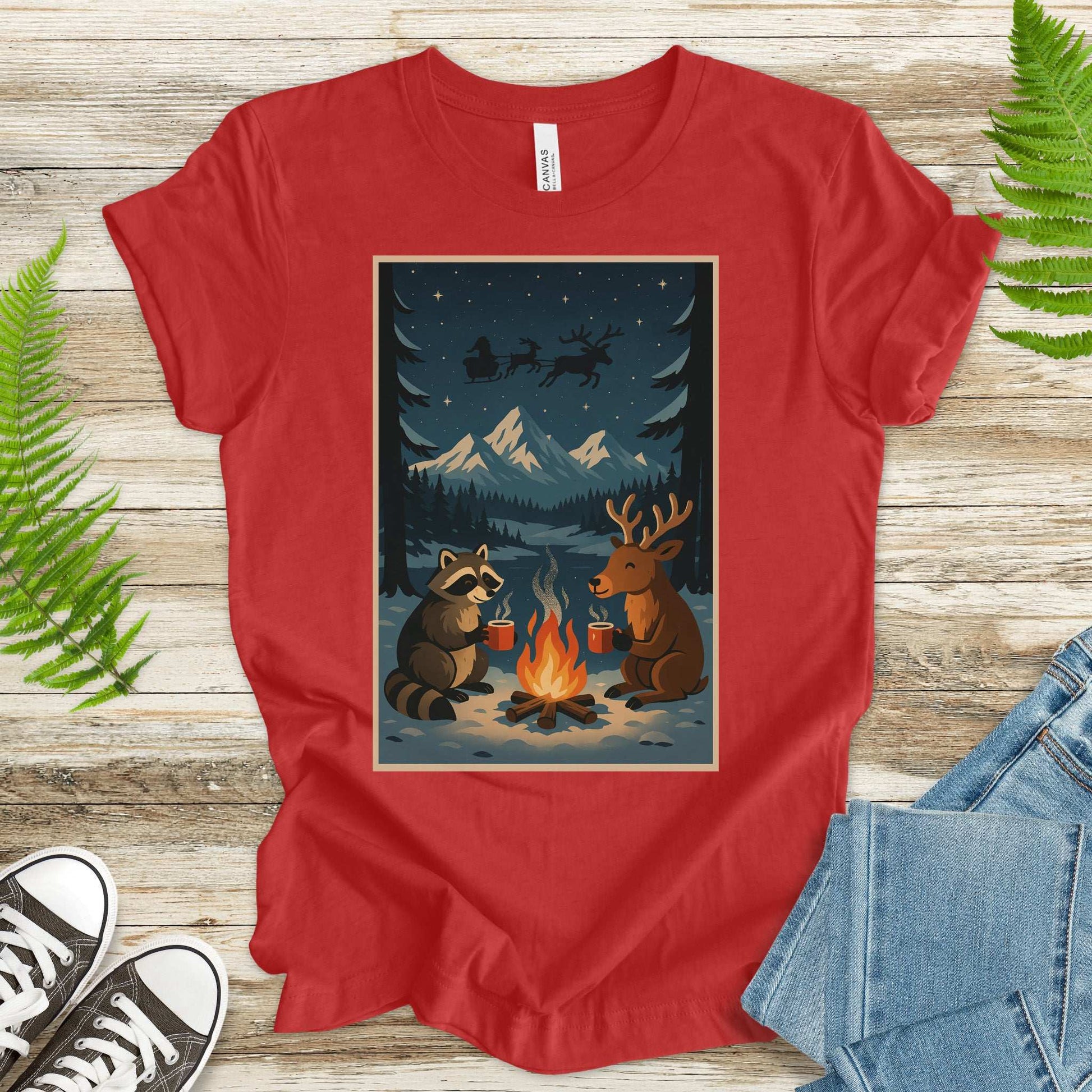 Campfire Cocoa Critters T-Shirt – Raccoon & Reindeer Christmas Vibes
