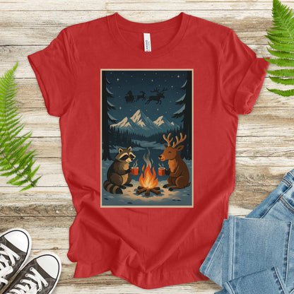 Campfire Cocoa Critters T-Shirt – Raccoon & Reindeer Christmas Vibes