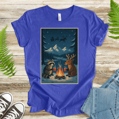 Campfire Cocoa Critters T-Shirt – Raccoon & Reindeer Christmas Vibes