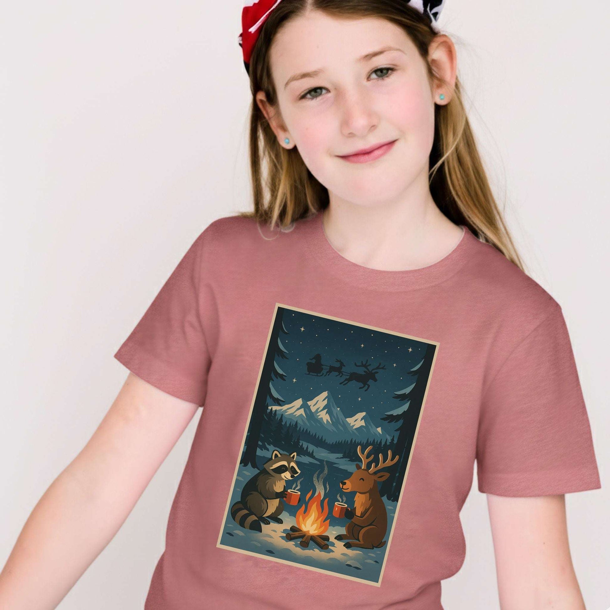 Campfire Cocoa Critters Youth Tee – Raccoon & Reindeer Christmas Vibes