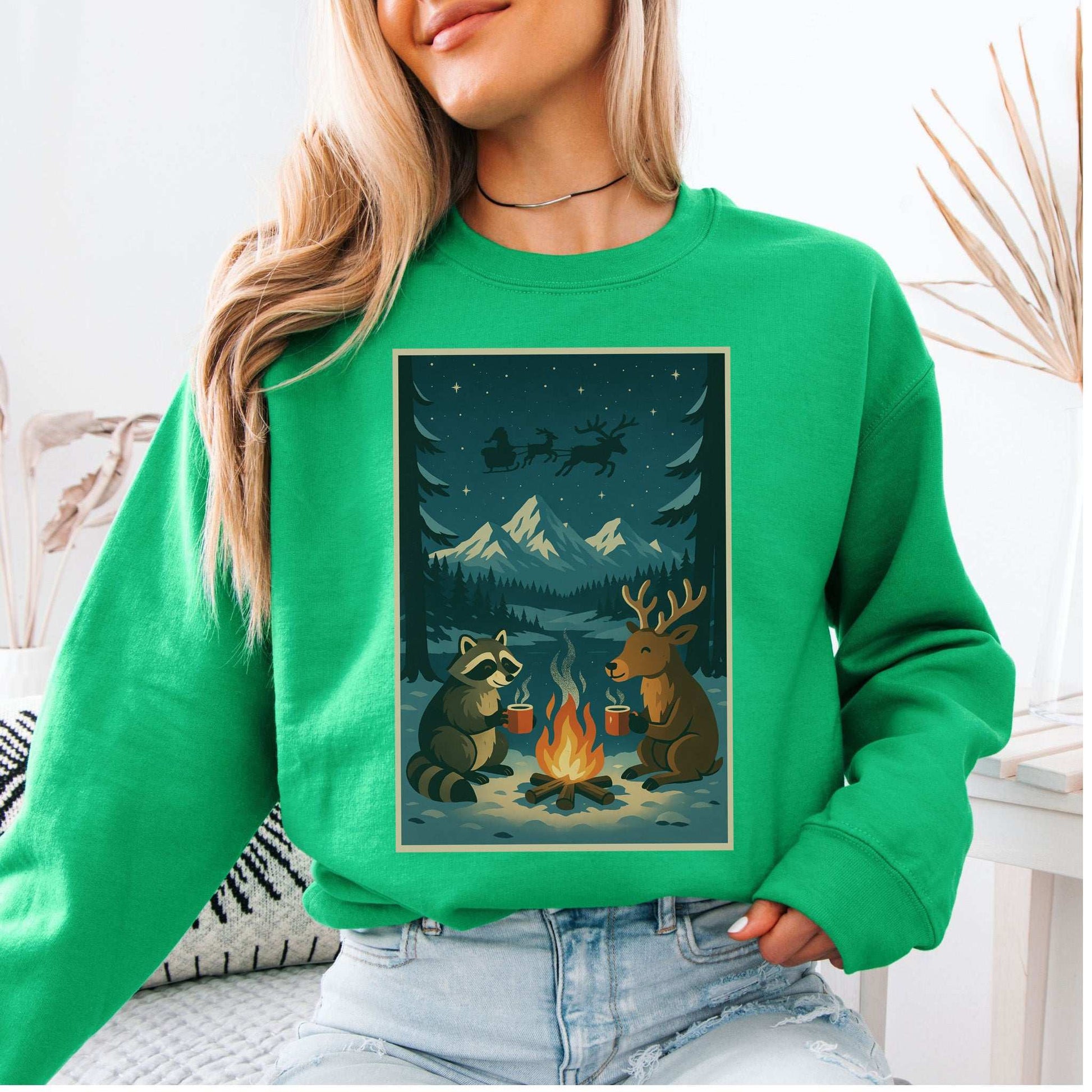 Campfire Cocoa Critters Sweatshirt – Raccoon & Reindeer Christmas Vibes