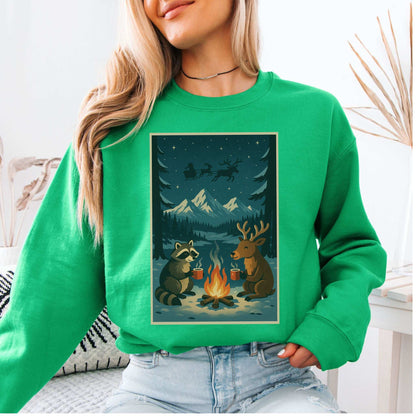 Campfire Cocoa Critters Sweatshirt – Raccoon & Reindeer Christmas Vibes