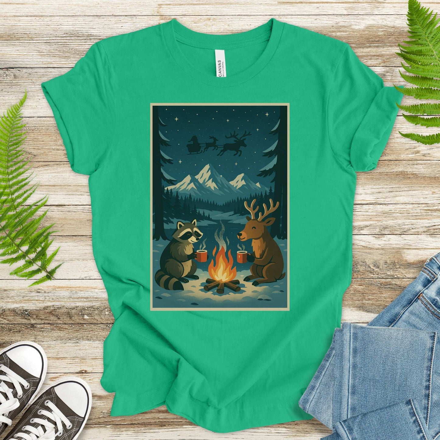 Campfire Cocoa Critters T-Shirt – Raccoon & Reindeer Christmas Vibes