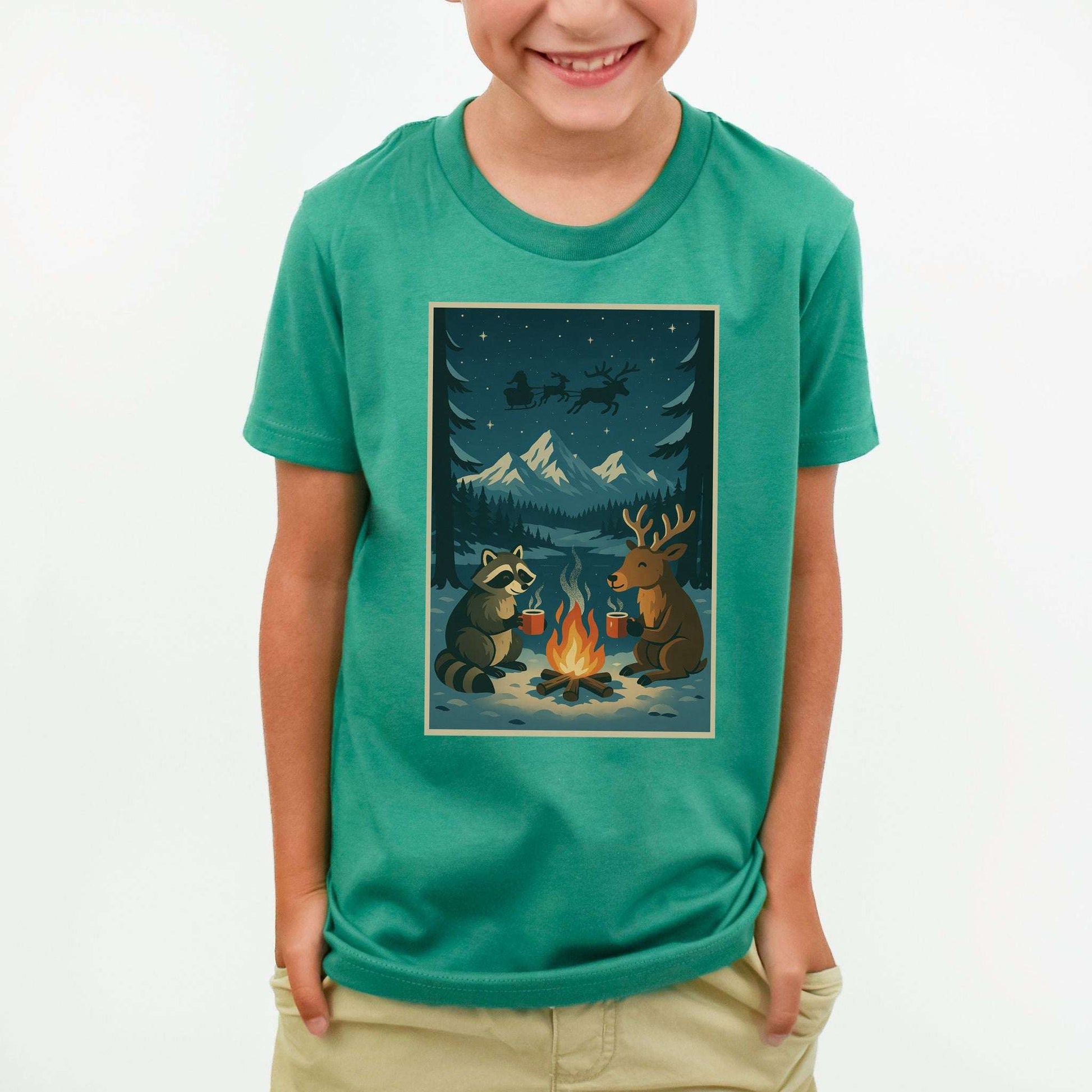 Campfire Cocoa Critters Youth Tee – Raccoon & Reindeer Christmas Vibes