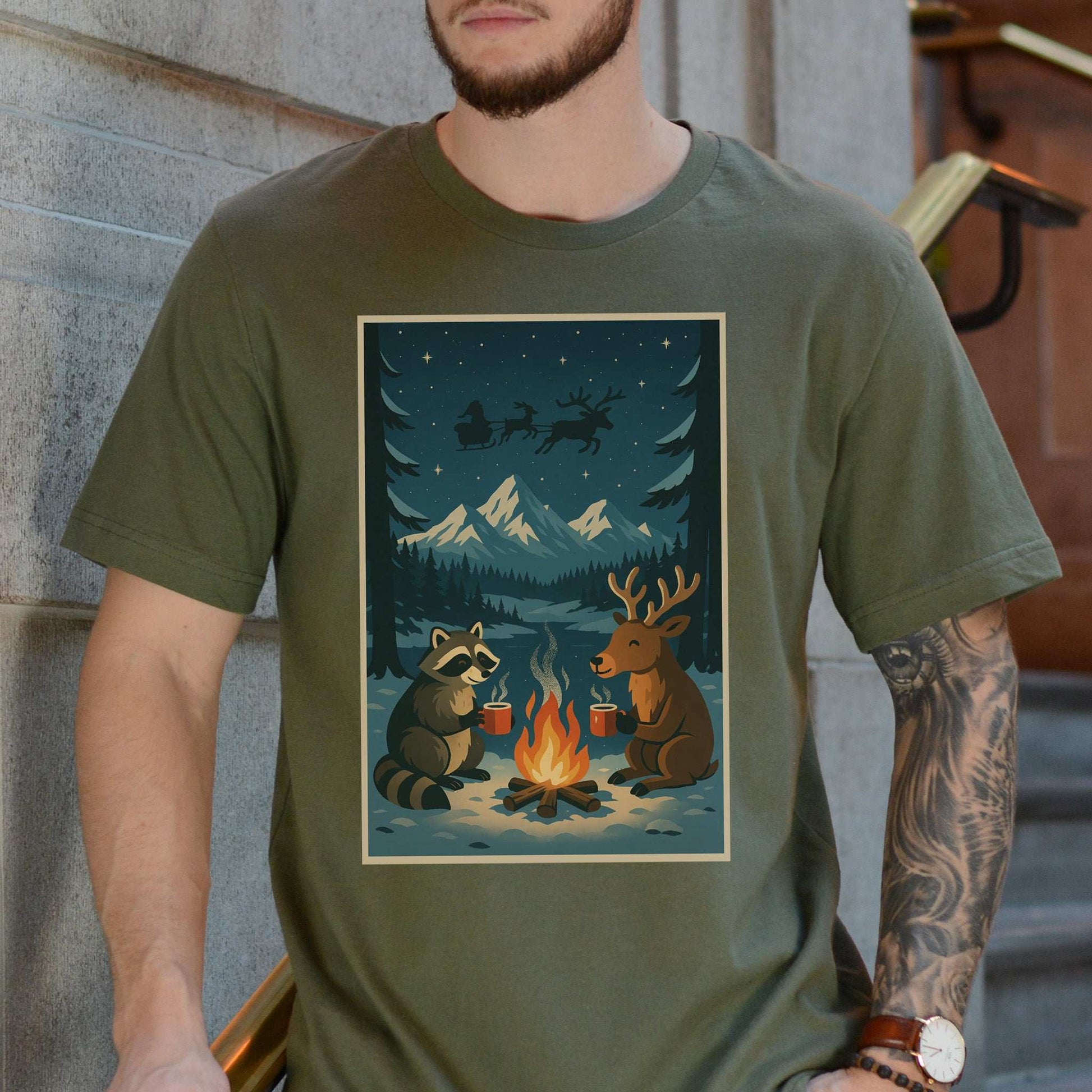 Campfire Cocoa Critters T-Shirt – Raccoon & Reindeer Christmas Vibes