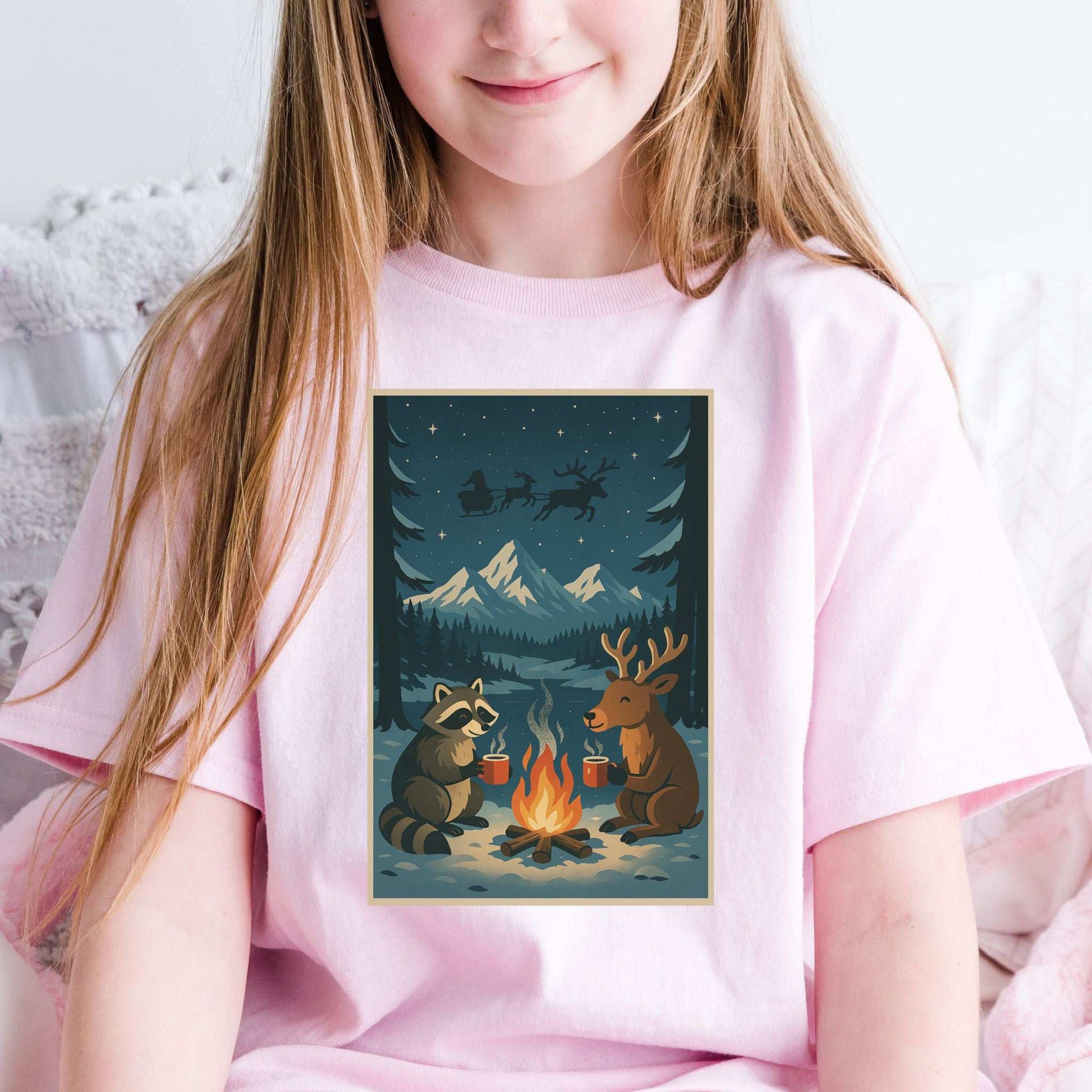 Campfire Cocoa Critters Youth Tee – Raccoon & Reindeer Christmas Vibes