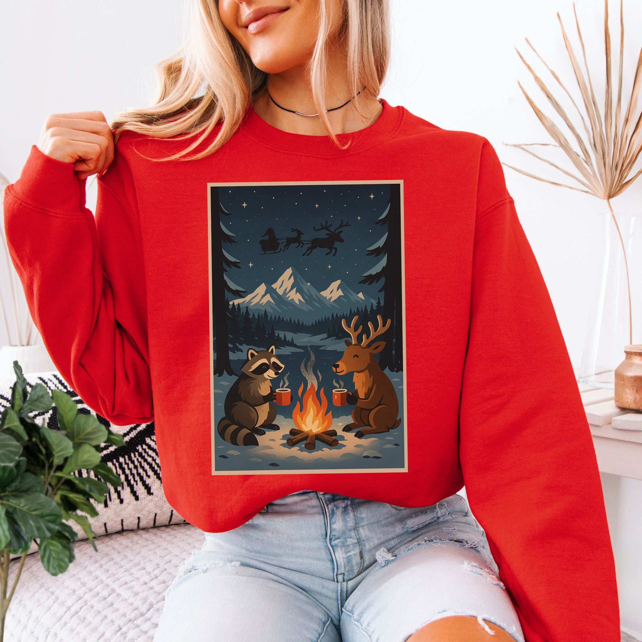 Campfire Cocoa Critters Sweatshirt – Raccoon & Reindeer Christmas Vibes