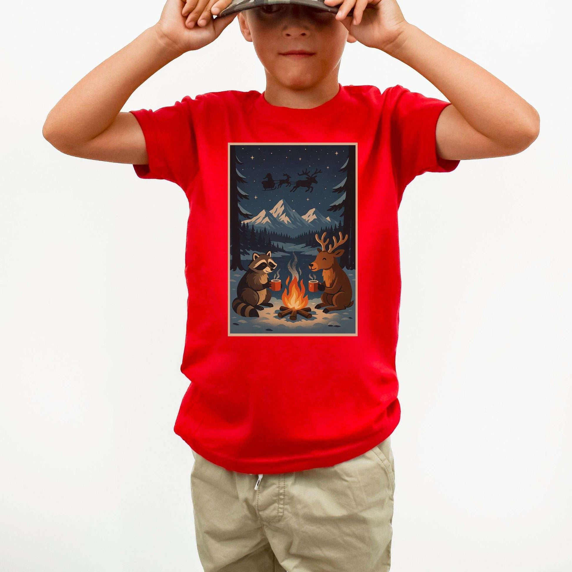 Campfire Cocoa Critters Youth Tee – Raccoon & Reindeer Christmas Vibes
