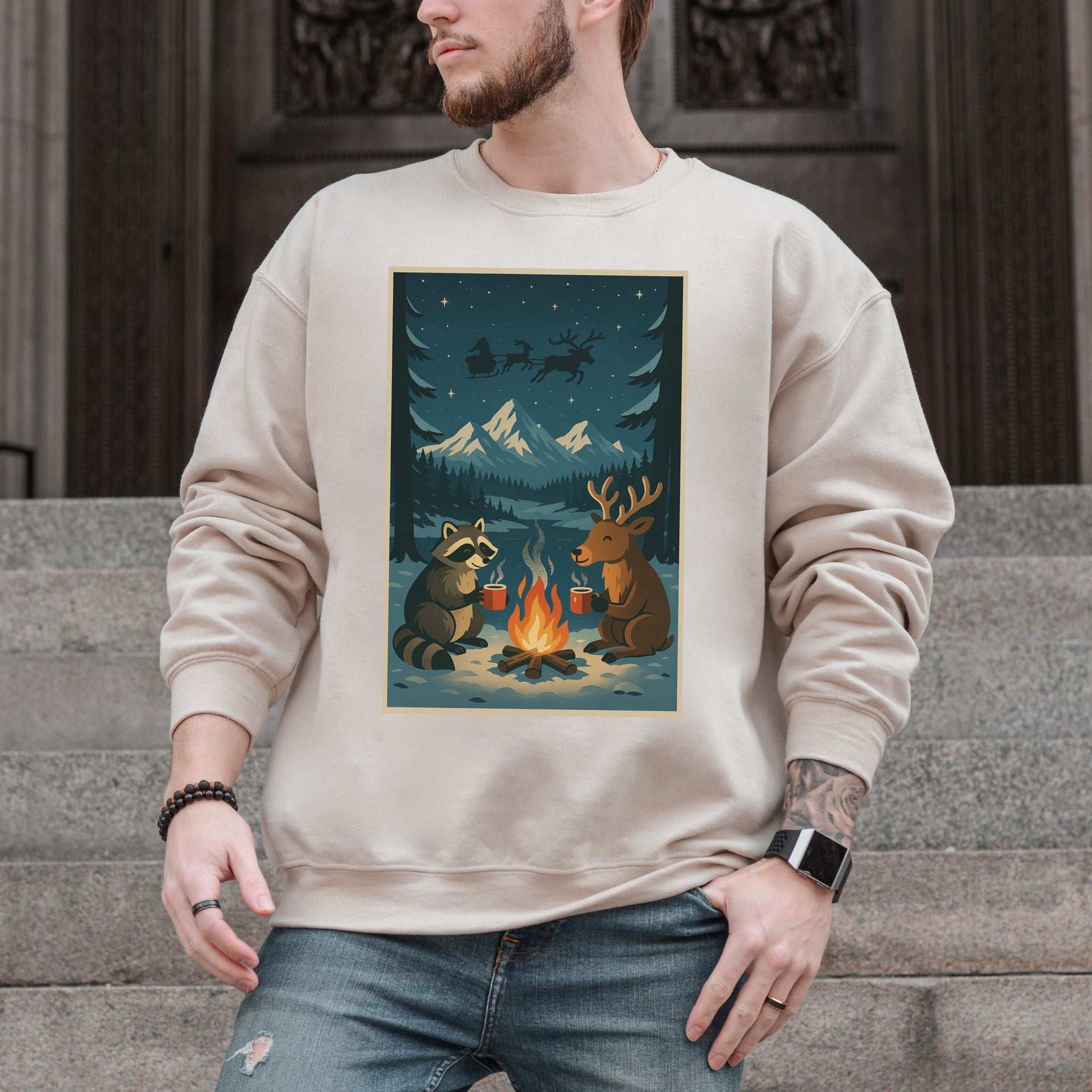 Campfire Cocoa Critters Sweatshirt – Raccoon & Reindeer Christmas Vibes