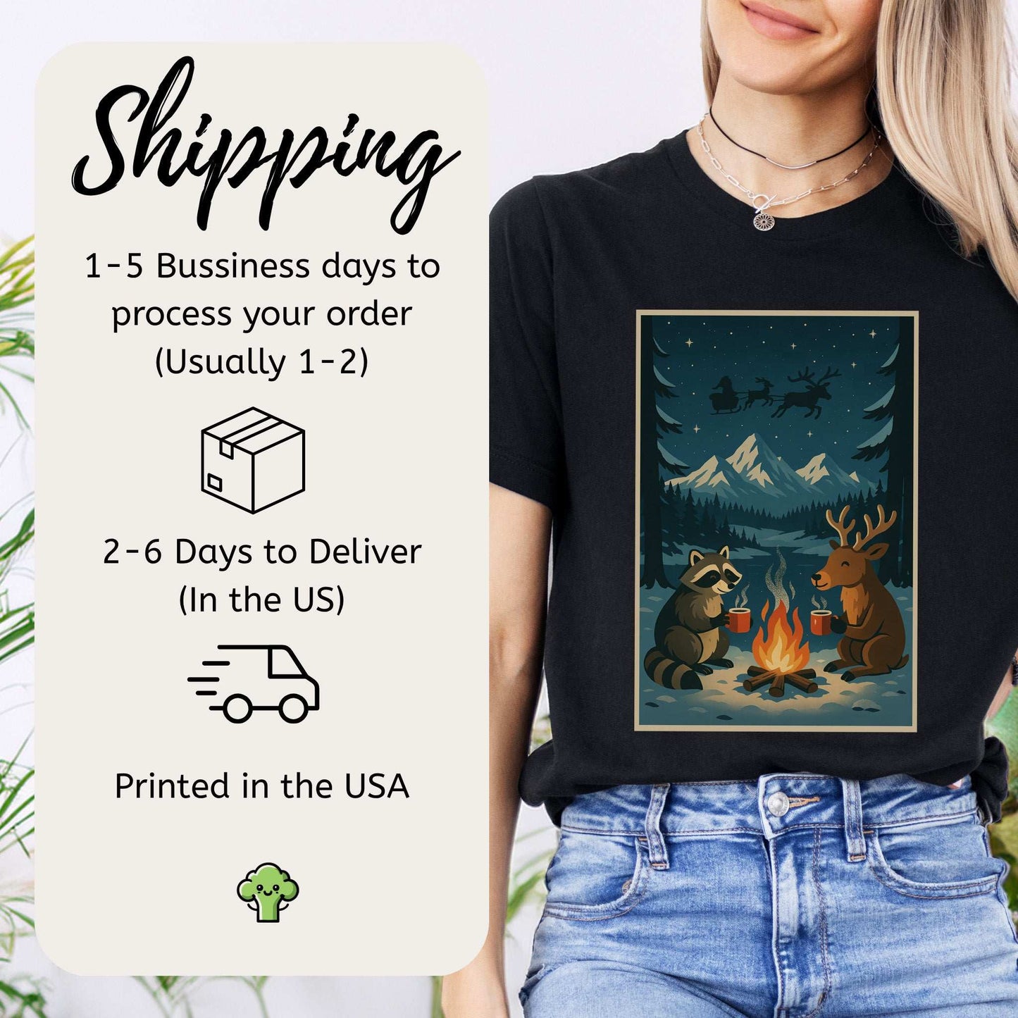 Campfire Cocoa Critters T-Shirt – Raccoon & Reindeer Christmas Vibes