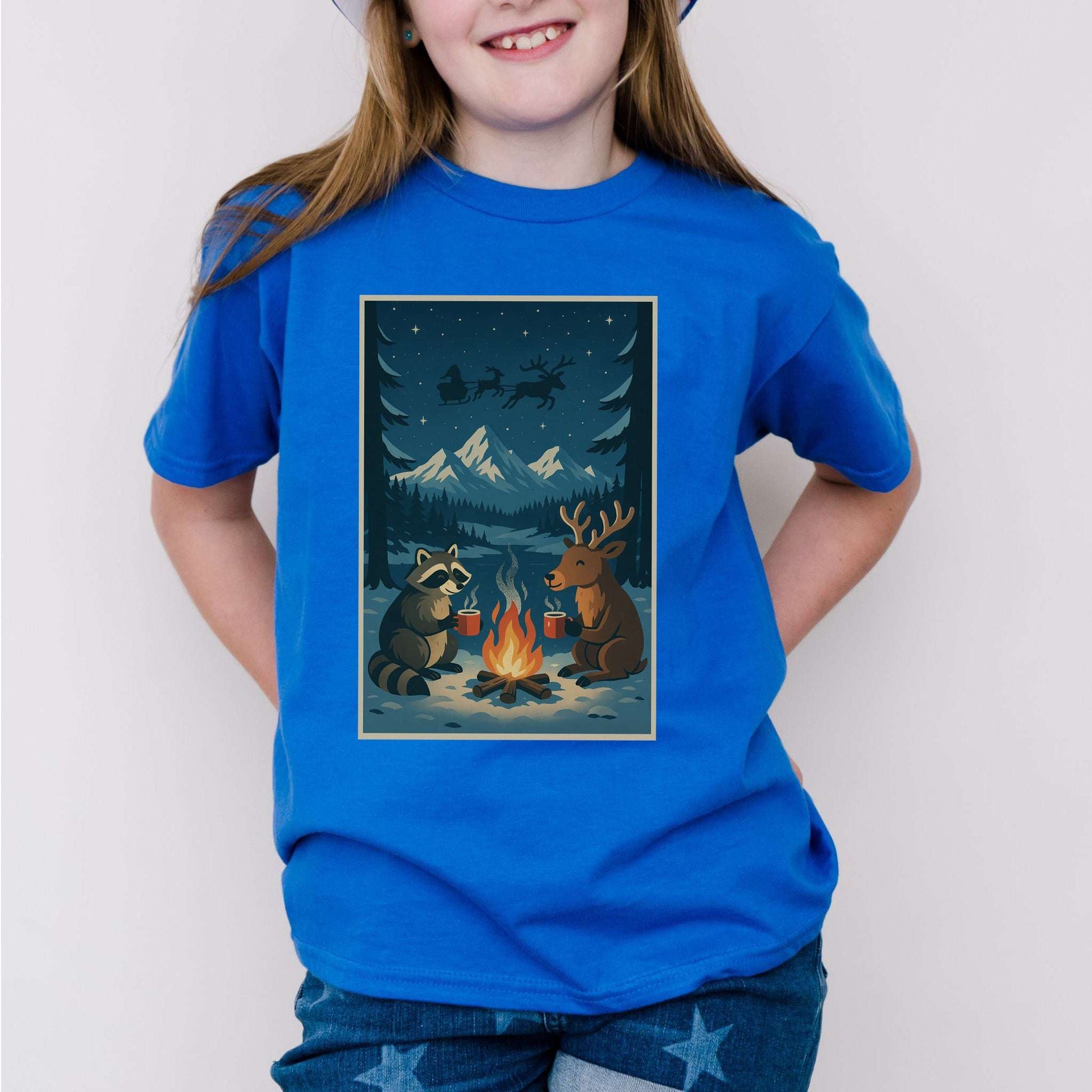 Campfire Cocoa Critters Youth Tee – Raccoon & Reindeer Christmas Vibes