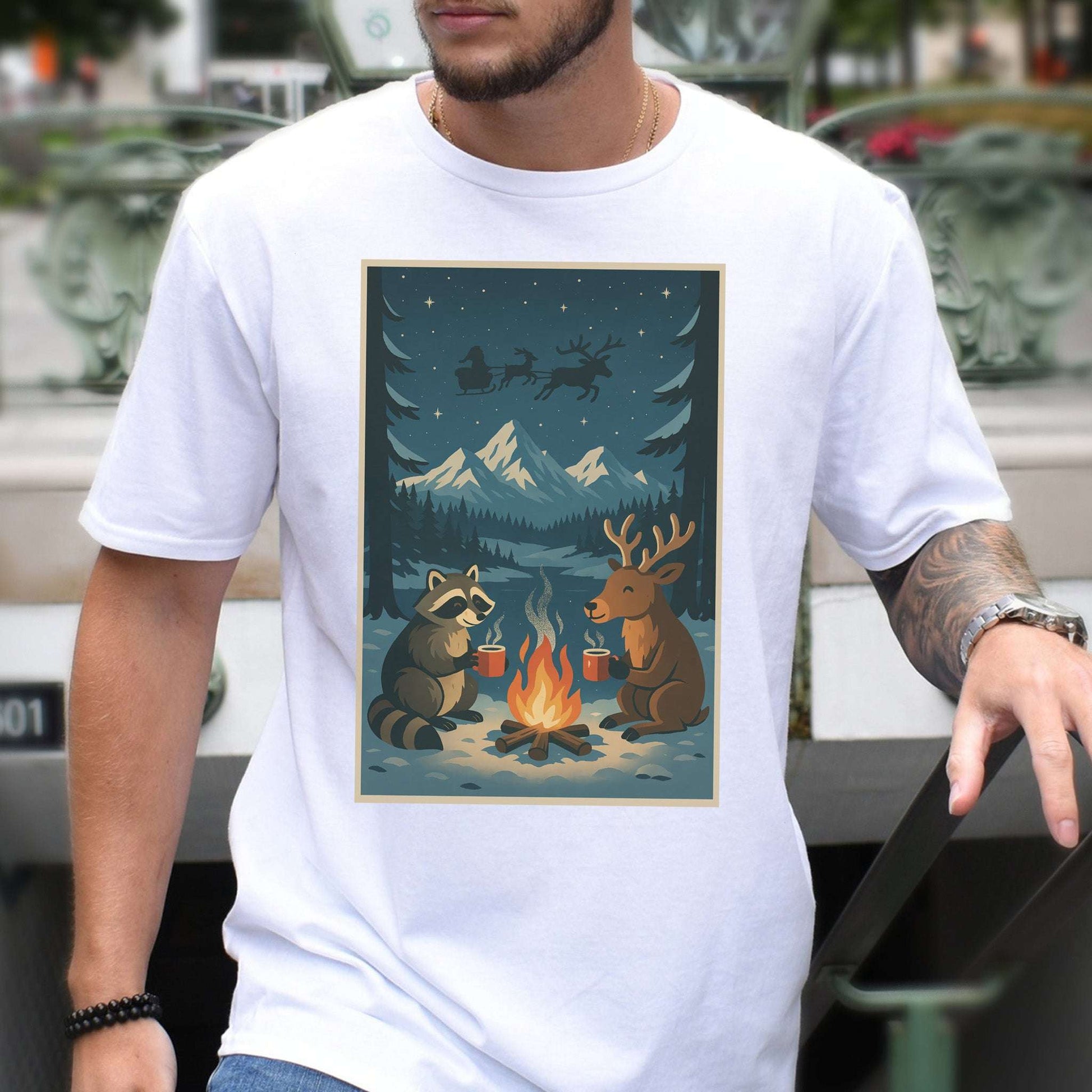 Campfire Cocoa Critters T-Shirt – Raccoon & Reindeer Christmas Vibes