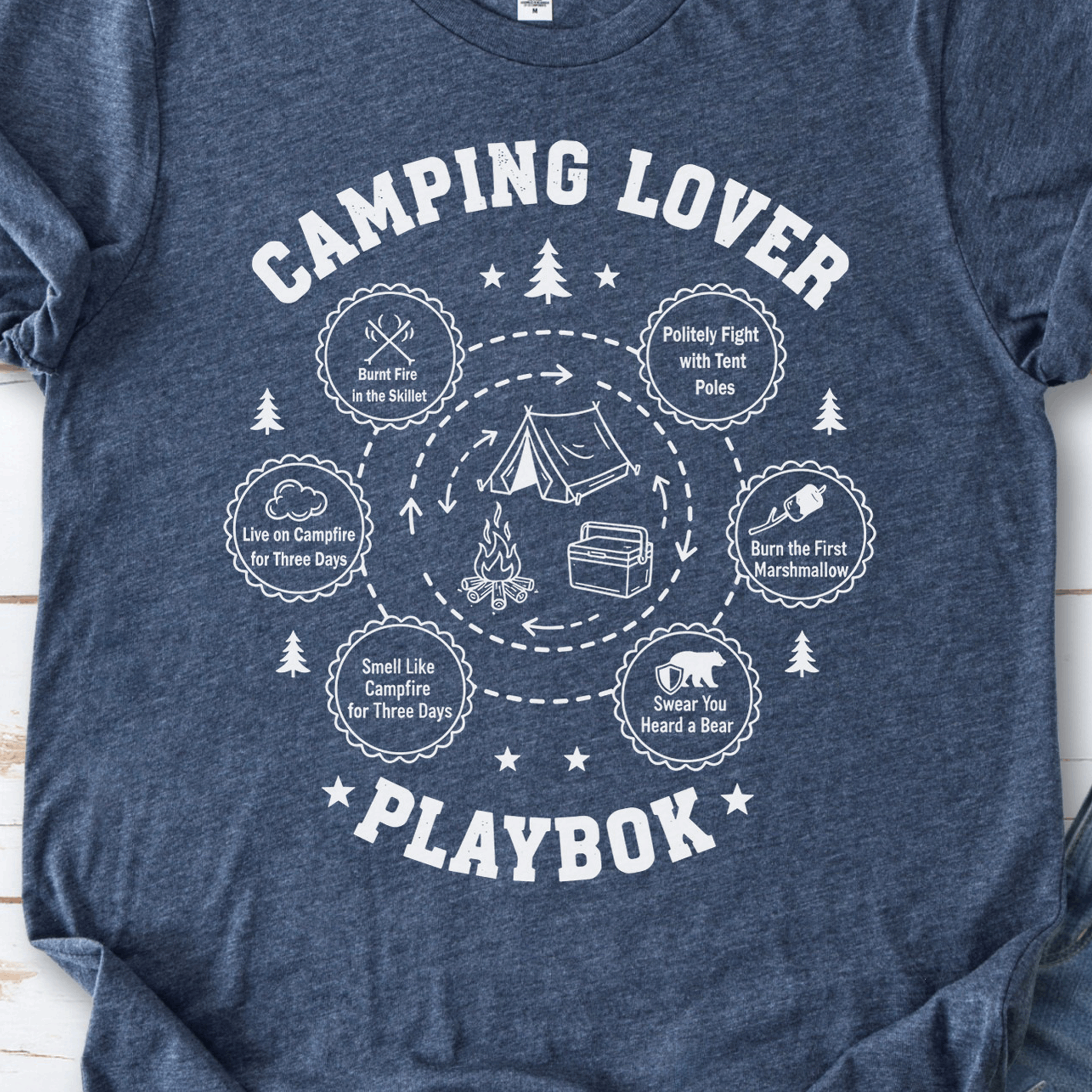 Camping Lover Playbook T-Shirt – Campfire Comedy Adventure Tee