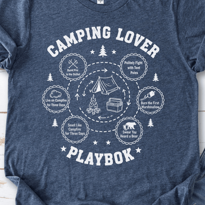 Camping Lover Playbook T-Shirt – Campfire Comedy Adventure Tee