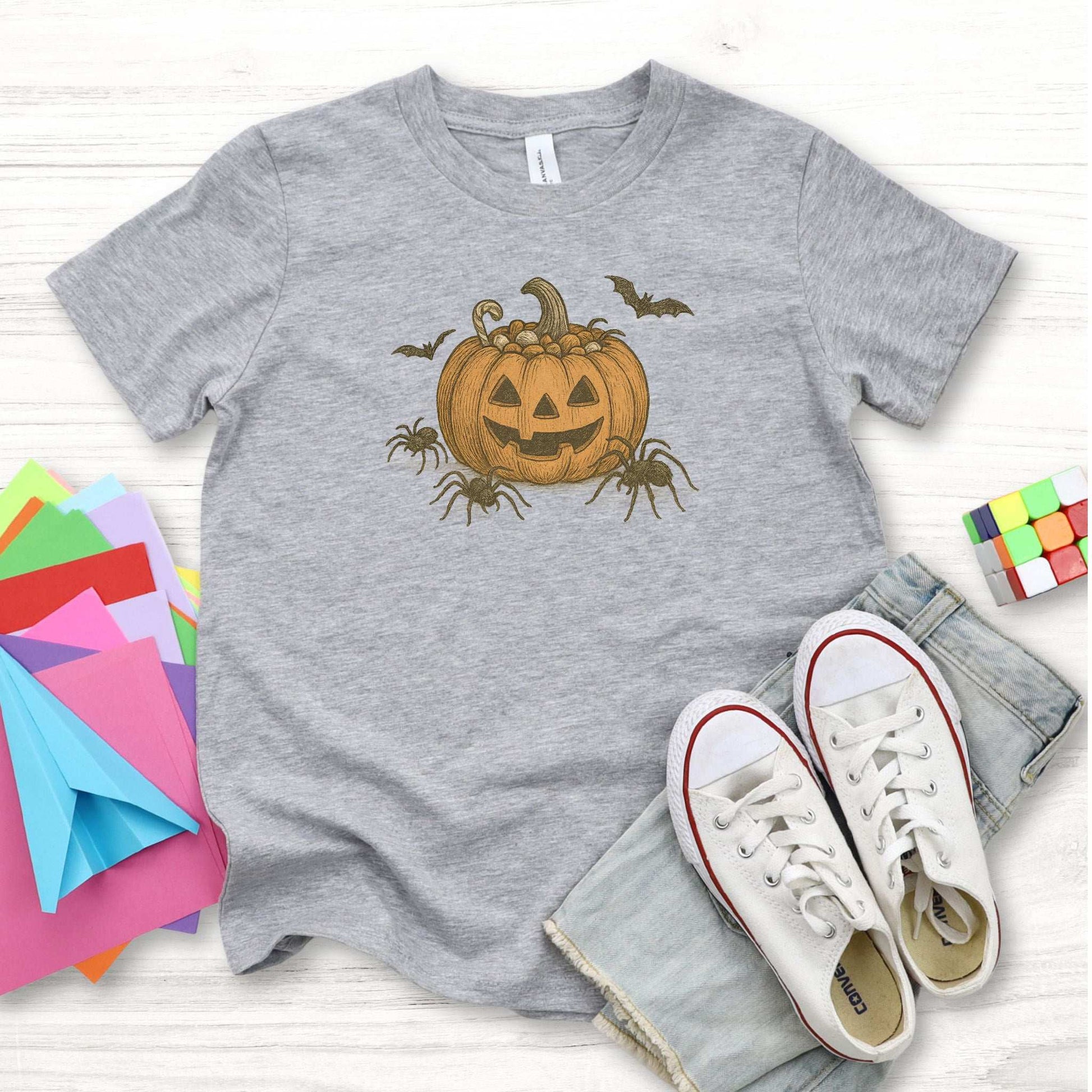 Candy Pumpkin Halloween Youth Tee – Vintage Spiders & Bats Graphic