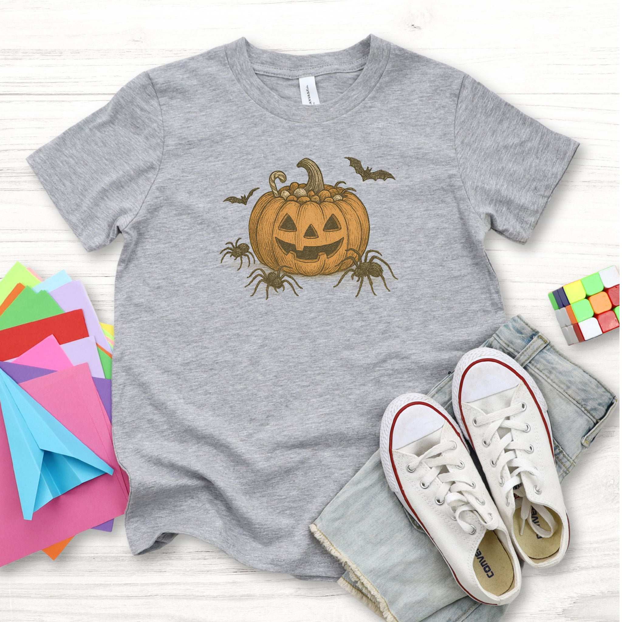 Candy Pumpkin Halloween Youth Tee – Vintage Spiders & Bats Graphic