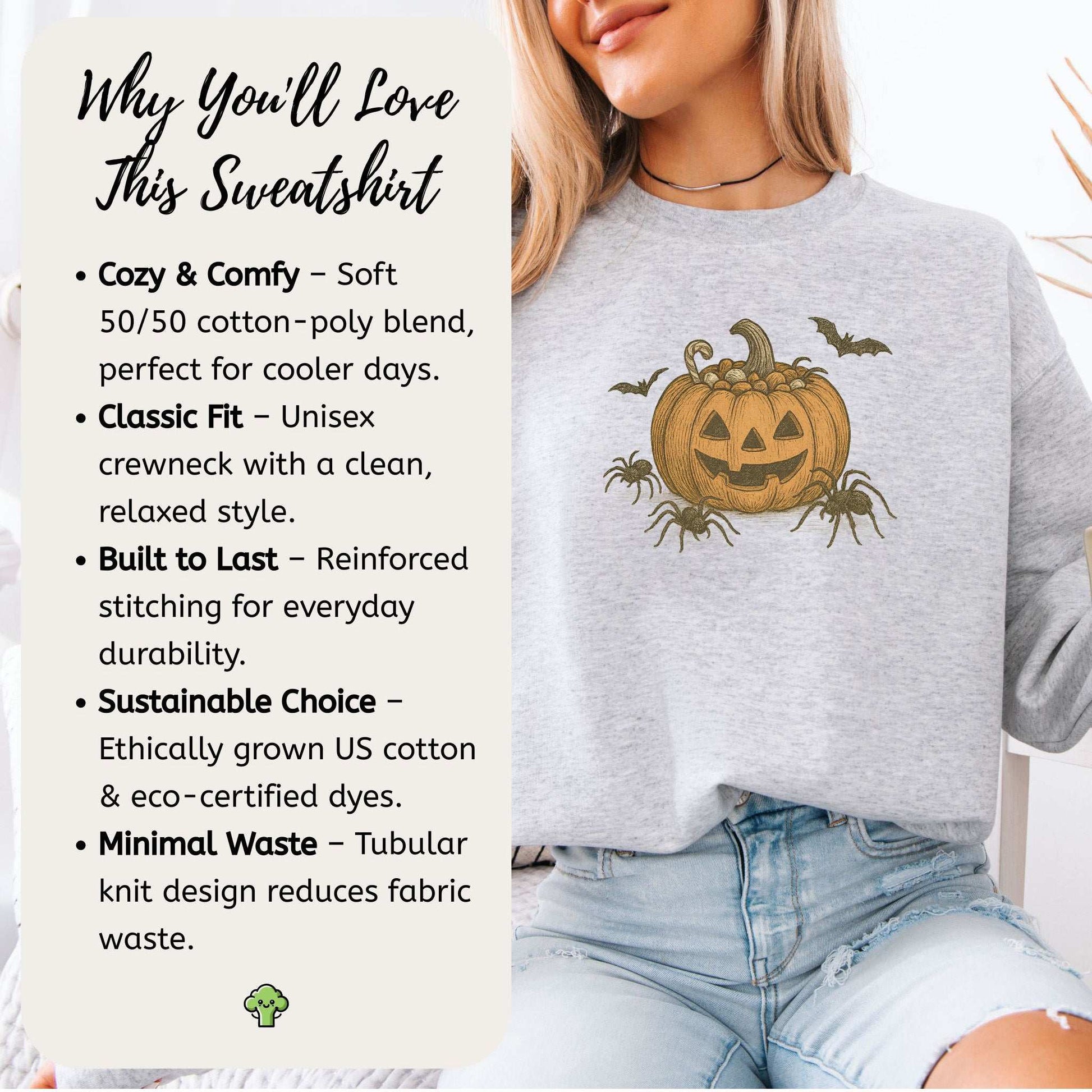 Candy Pumpkin Halloween Sweatshirt – Vintage Spiders & Bats Graphic