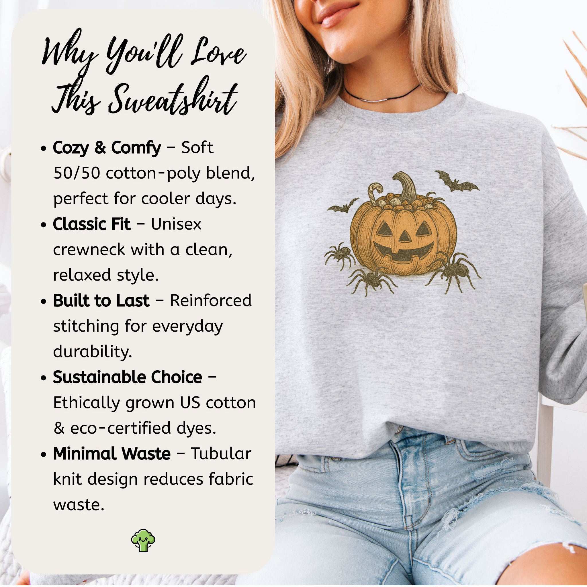 Candy Pumpkin Halloween Sweatshirt – Vintage Spiders & Bats Graphic