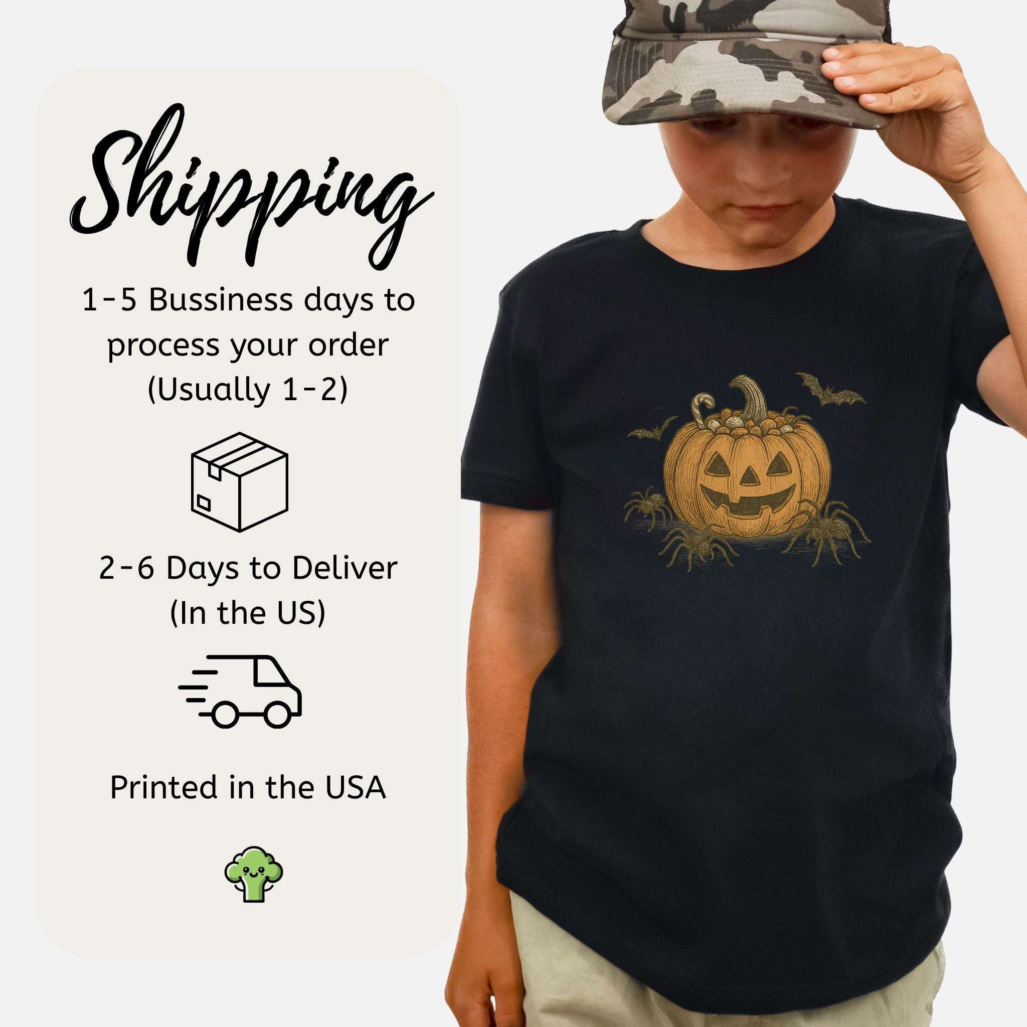 Candy Pumpkin Halloween Youth Tee – Vintage Spiders & Bats Graphic