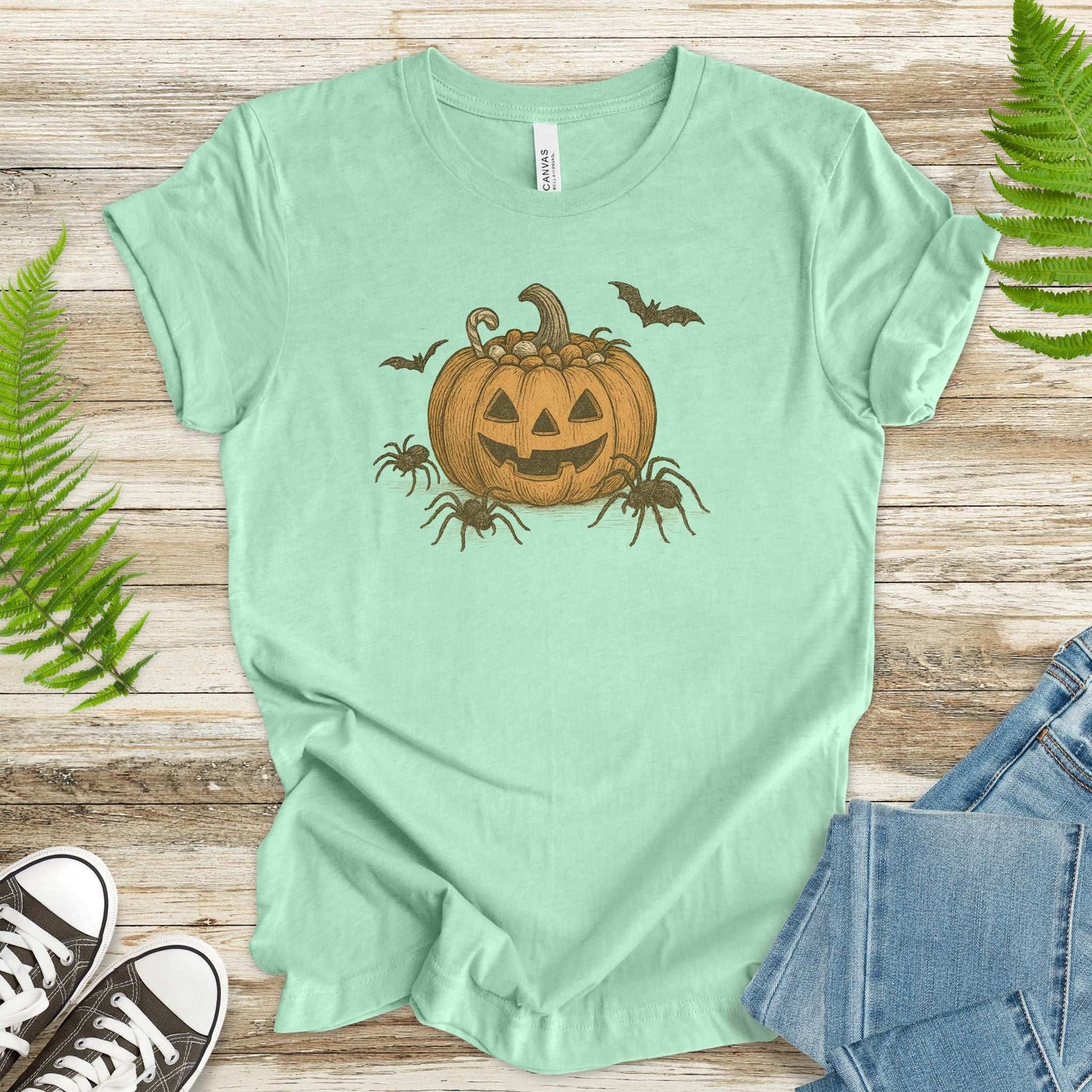 Candy Pumpkin Halloween T-Shirt – Vintage Spiders & Bats Graphic