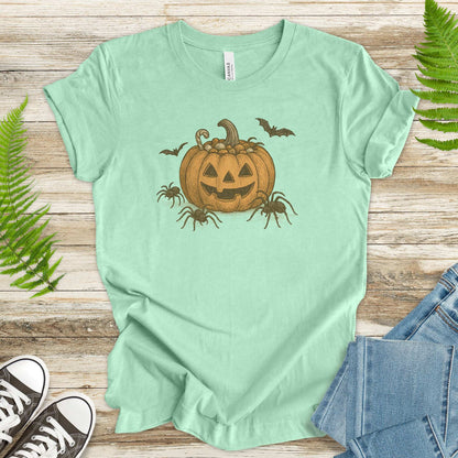 Candy Pumpkin Halloween T-Shirt – Vintage Spiders & Bats Graphic