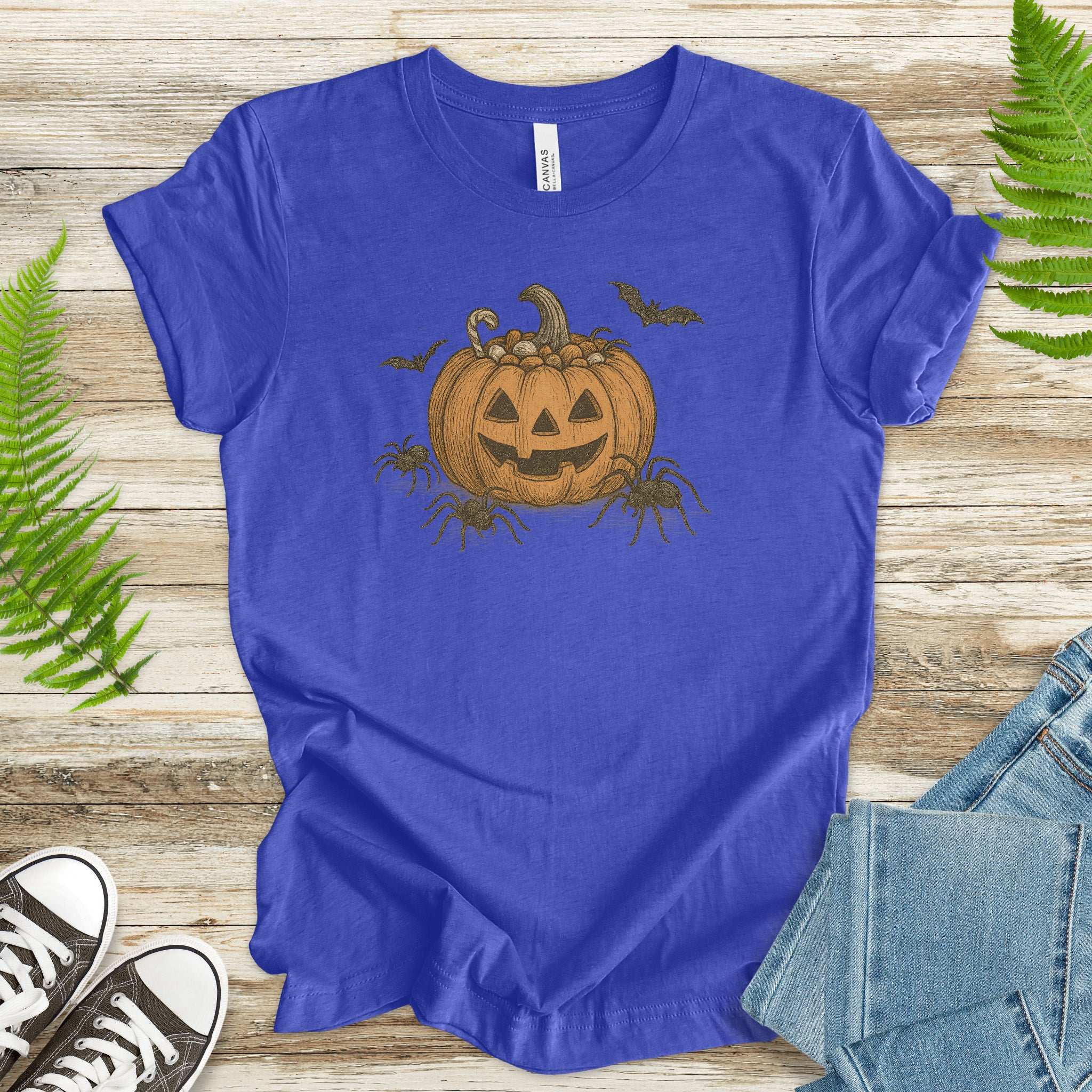 Candy Pumpkin Halloween T-Shirt – Vintage Spiders & Bats Graphic