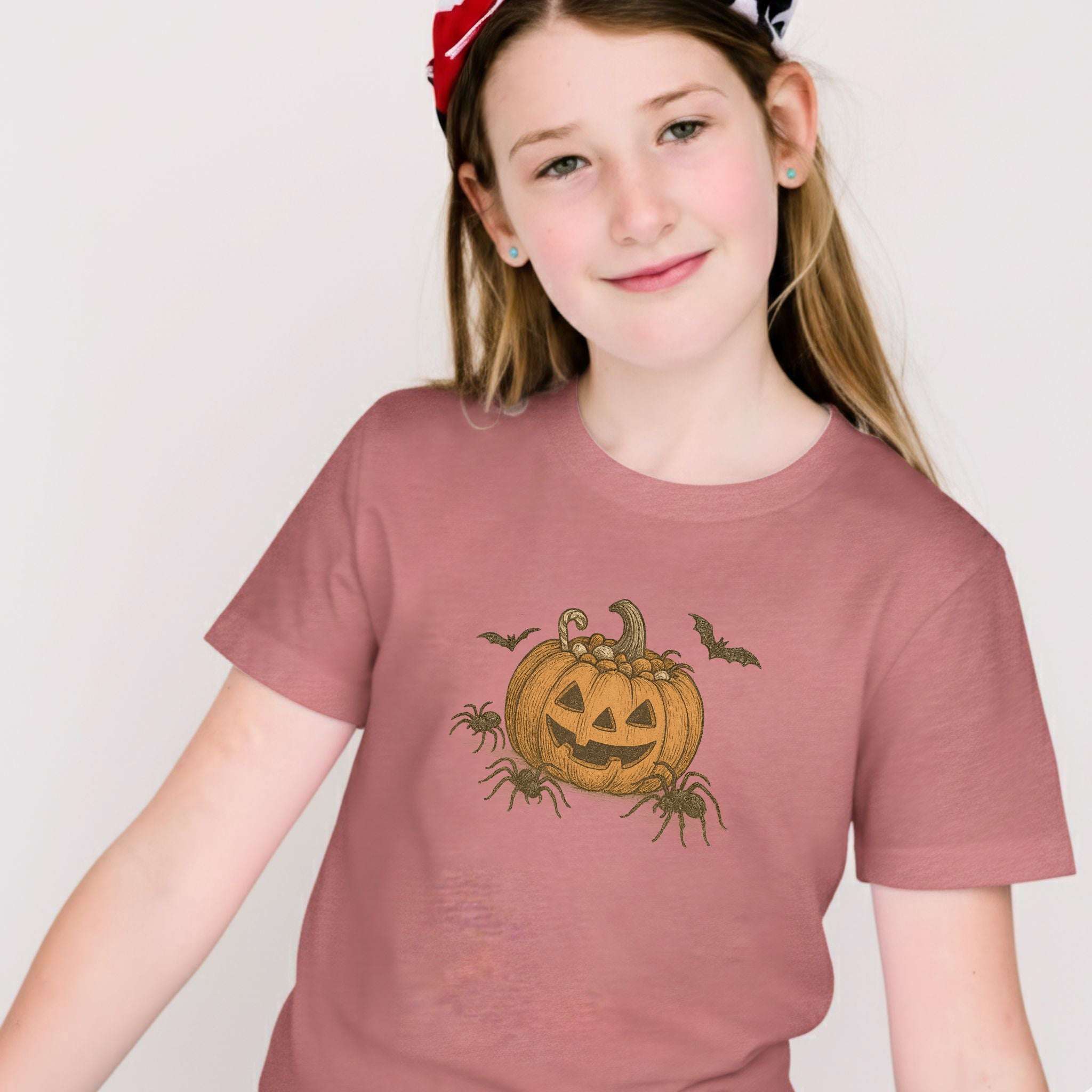 Candy Pumpkin Halloween Youth Tee – Vintage Spiders & Bats Graphic