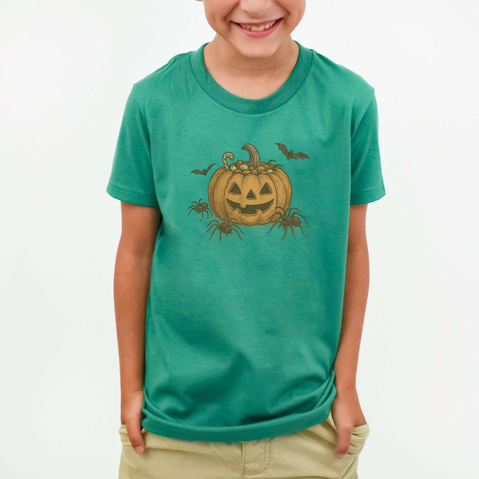 Candy Pumpkin Halloween Youth Tee – Vintage Spiders & Bats Graphic