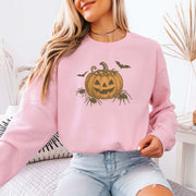 Candy Pumpkin Halloween Sweatshirt – Vintage Spiders & Bats Graphic