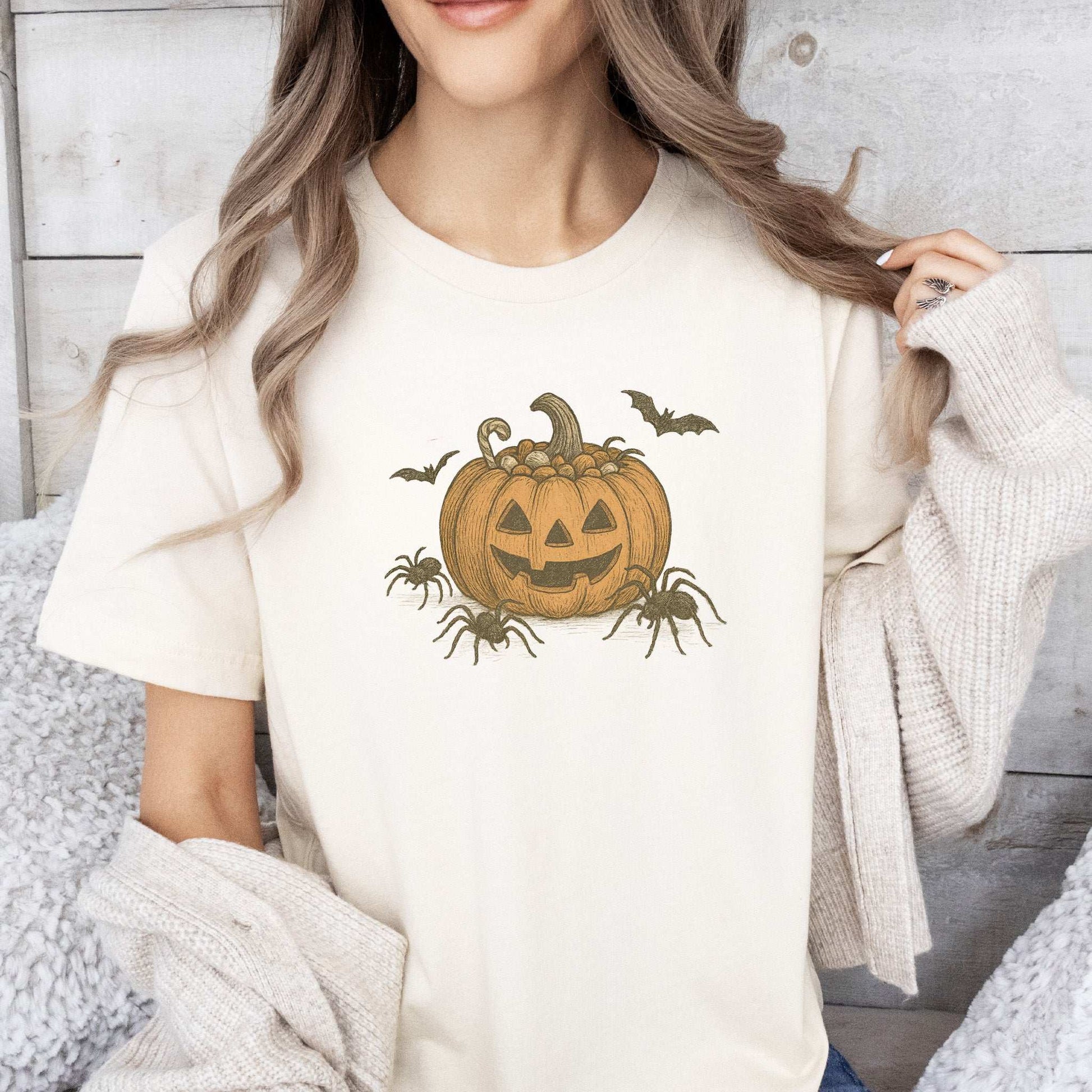 Candy Pumpkin Halloween T-Shirt – Vintage Spiders & Bats Graphic