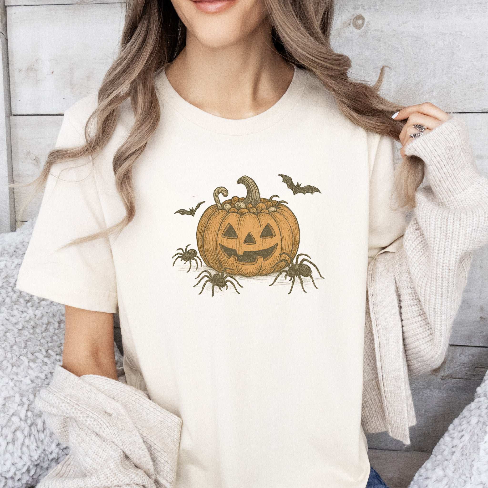 Candy Pumpkin Halloween T-Shirt – Vintage Spiders & Bats Graphic