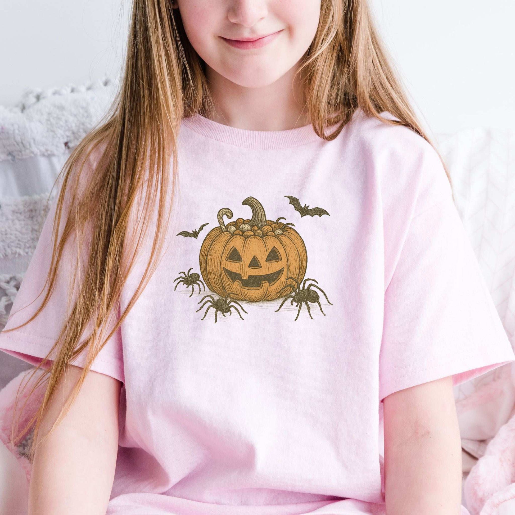 Candy Pumpkin Halloween Youth Tee – Vintage Spiders & Bats Graphic