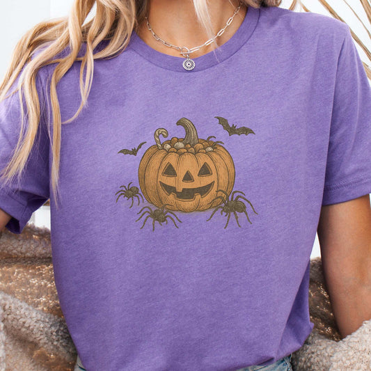 Candy Pumpkin Halloween T-Shirt – Vintage Spiders & Bats Graphic
