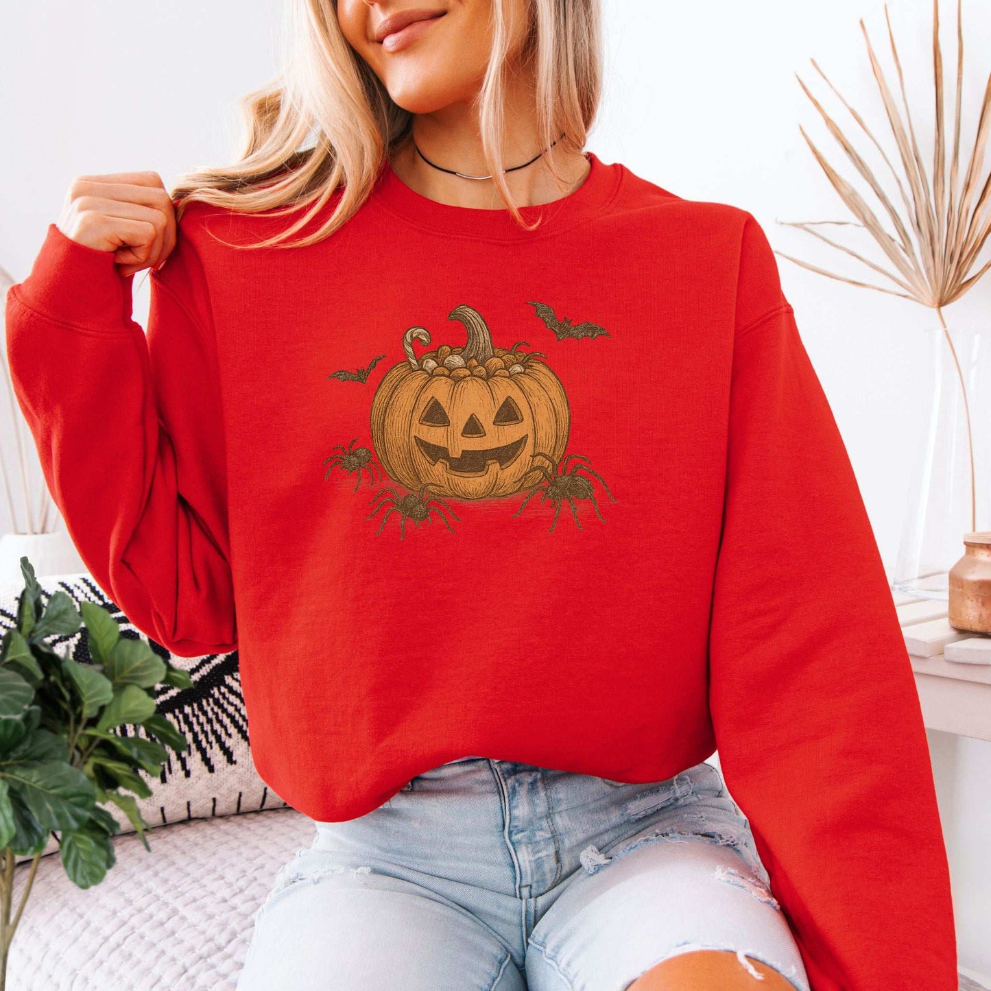 Candy Pumpkin Halloween Sweatshirt – Vintage Spiders & Bats Graphic