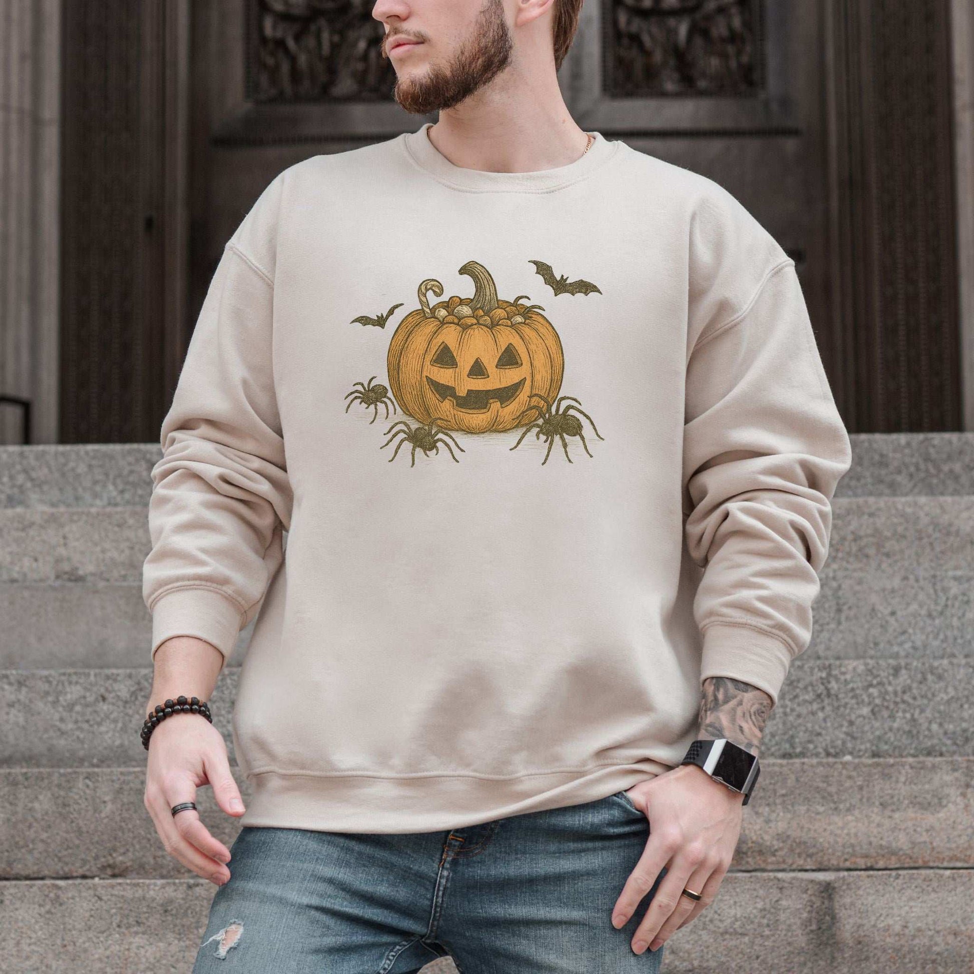Candy Pumpkin Halloween Sweatshirt – Vintage Spiders & Bats Graphic
