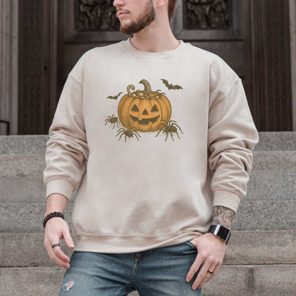Candy Pumpkin Halloween Sweatshirt – Vintage Spiders & Bats Graphic