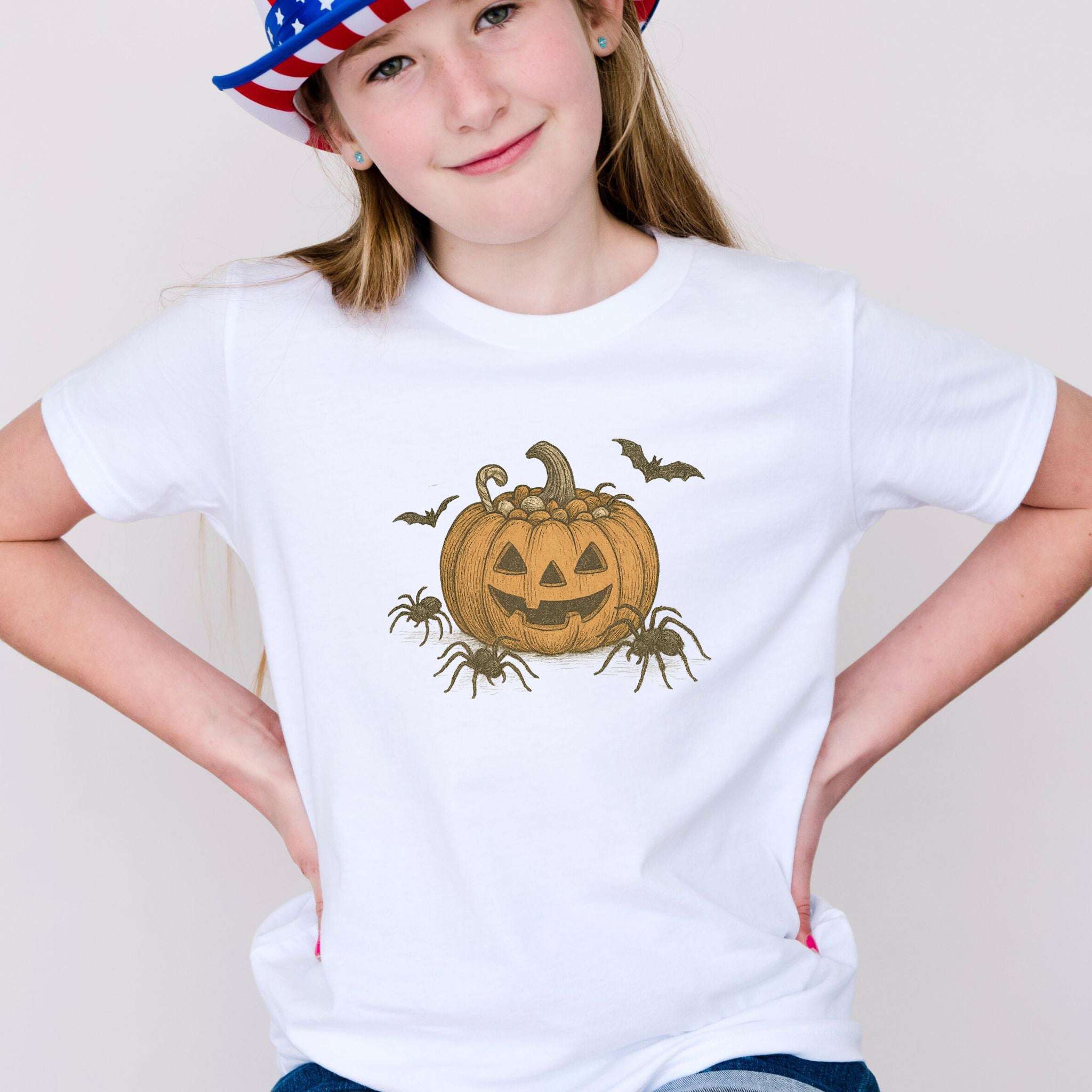 Candy Pumpkin Halloween Youth Tee – Vintage Spiders & Bats Graphic